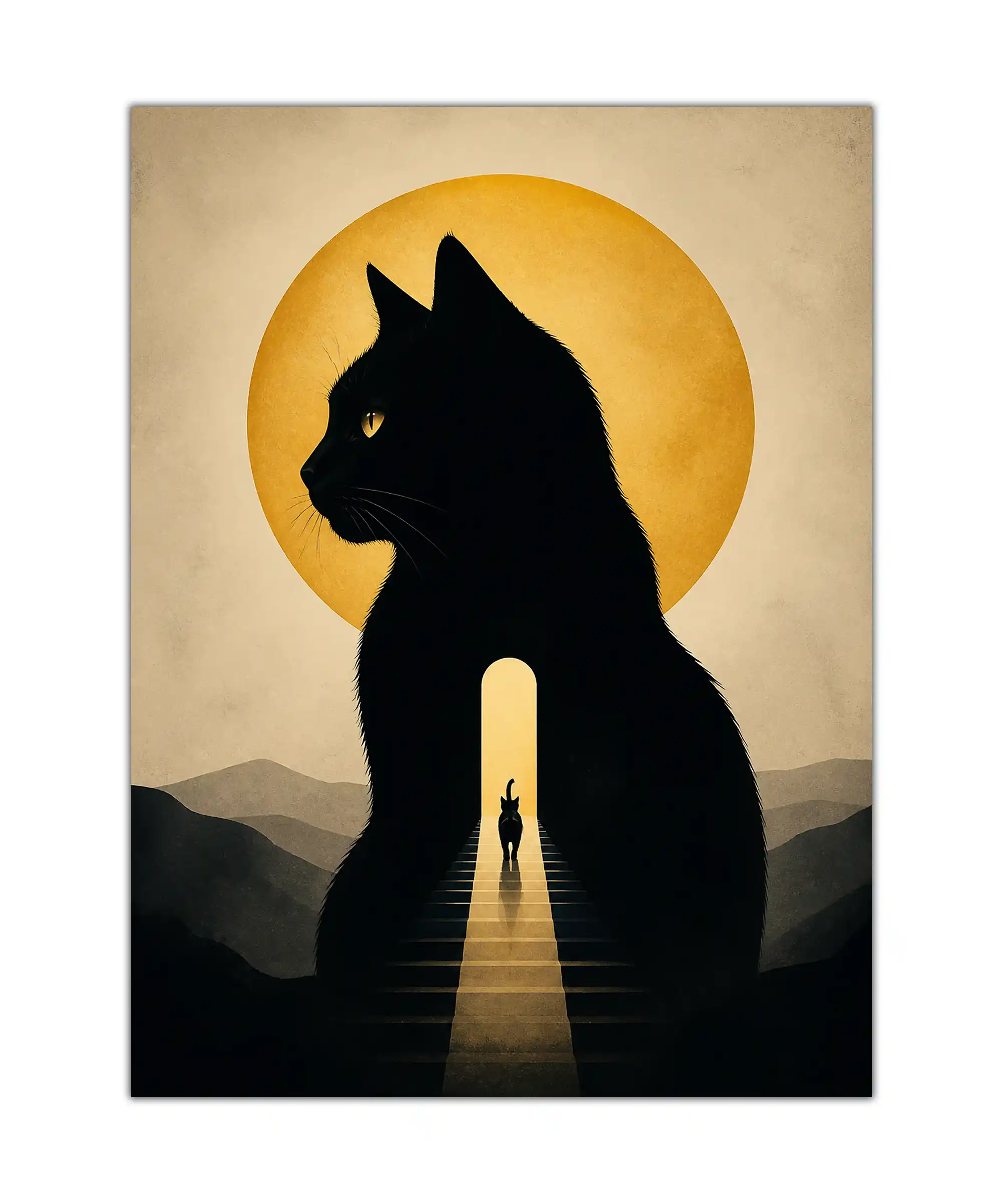 Moonlit Cat Surreal Poster 1 painting Black cat silhouette poster with golden moon, mountain shadows, and a glowing stairway