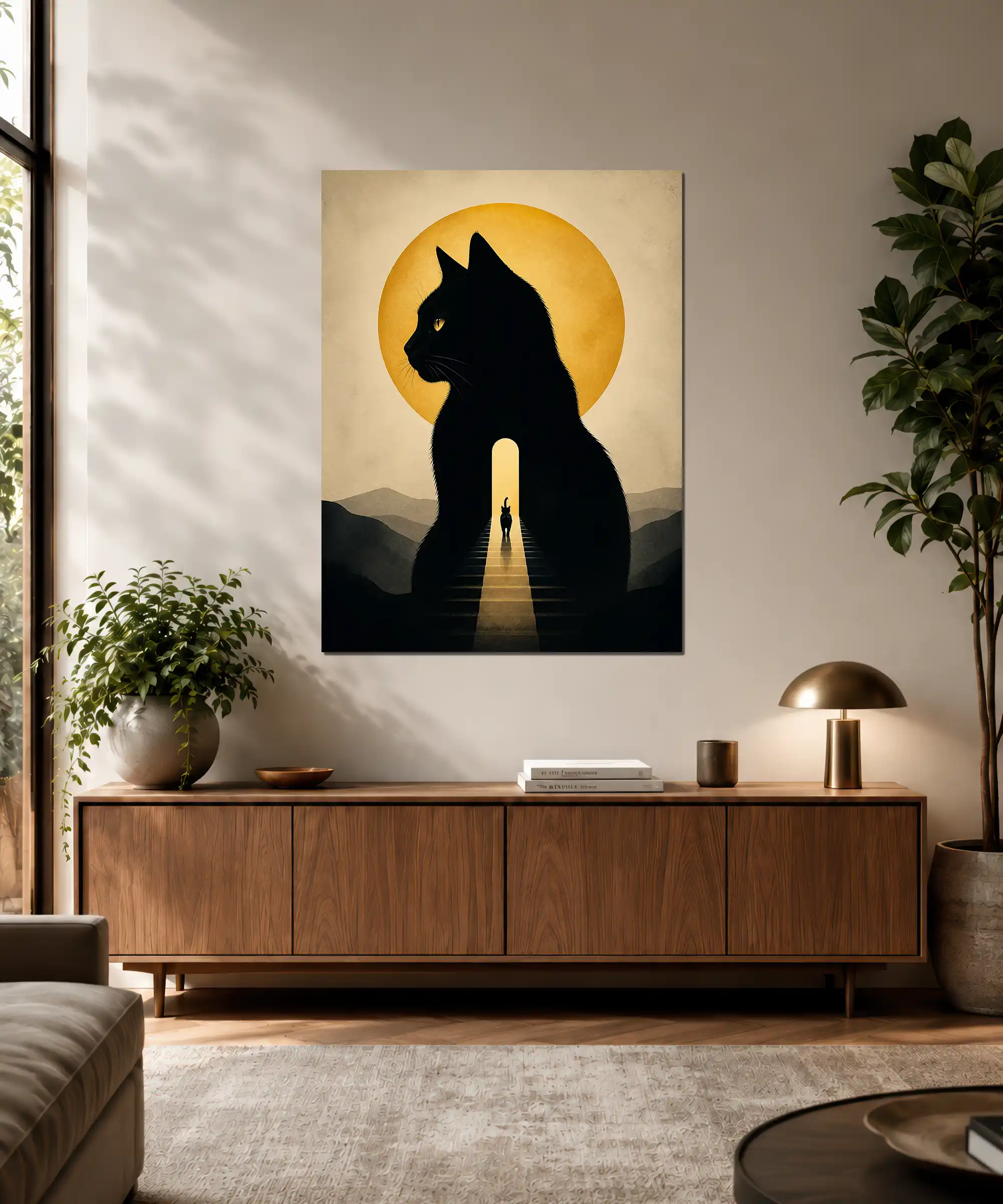 Moonlit Cat Surreal Poster 3 painting Black cat surreal poster displayed in an interior with warm, moody wall styling
