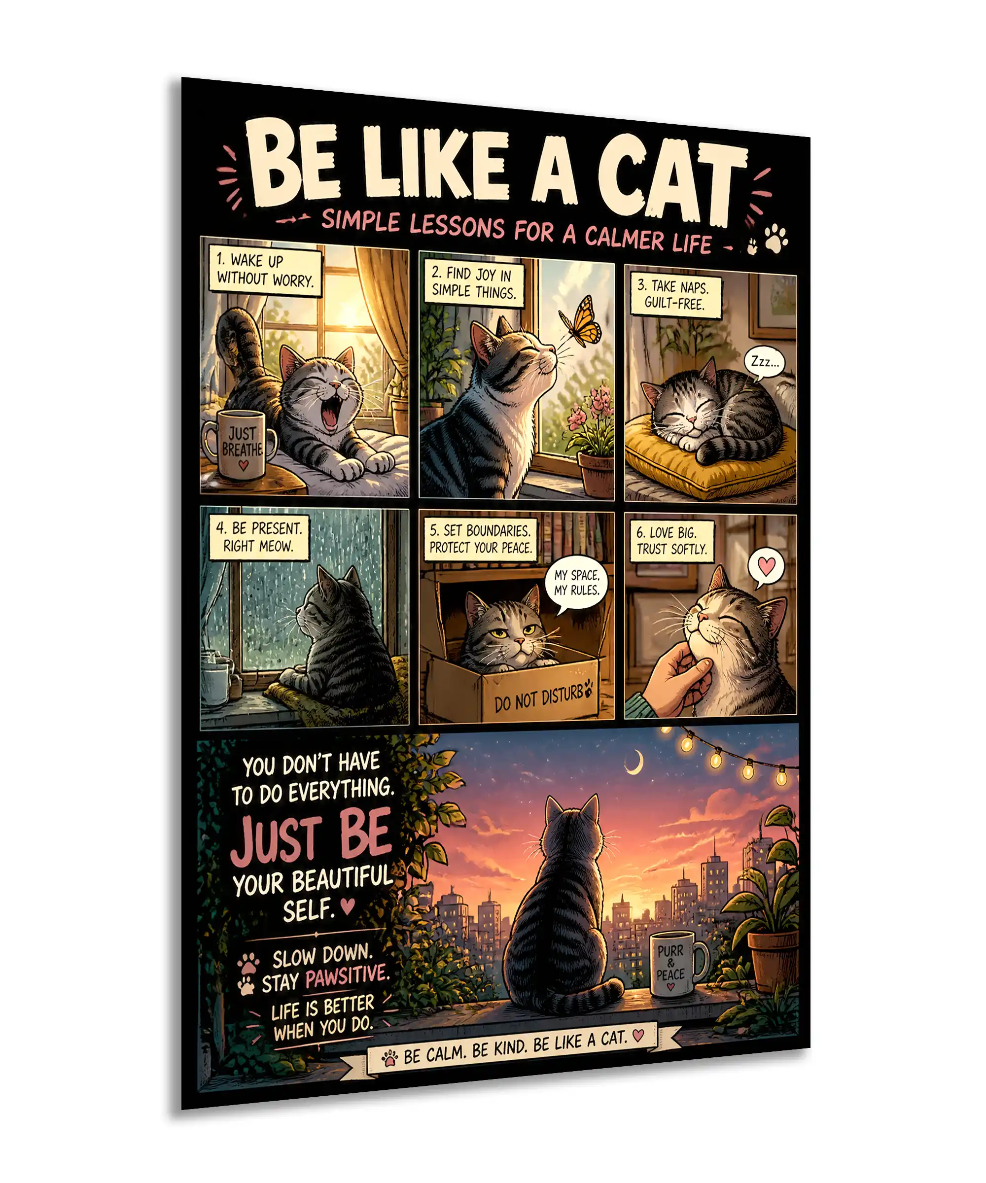Cat Wisdom Cat Poster 2 painting Angled cat wisdom wall poster showing illustrated cats, gentle advice, and sunset colors