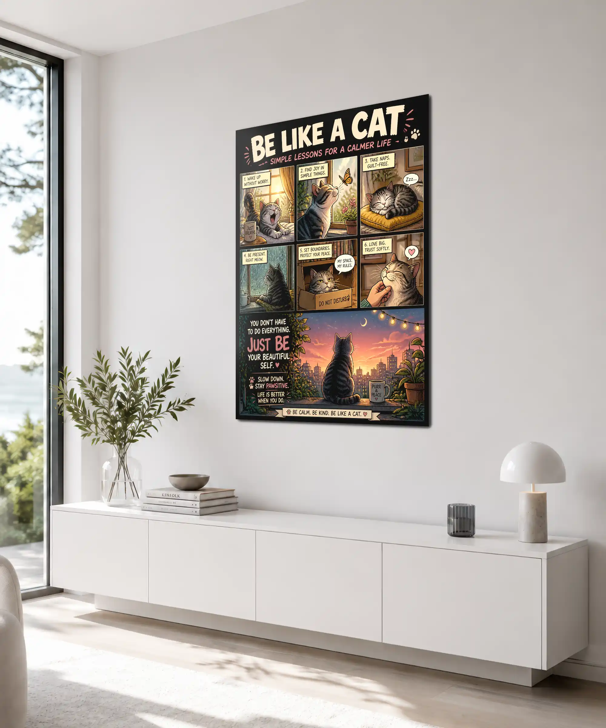 Cat Wisdom Cat Poster 4 painting Angled cat poster displayed on a wall with six scenes about rest, boundaries, and peaceful living
