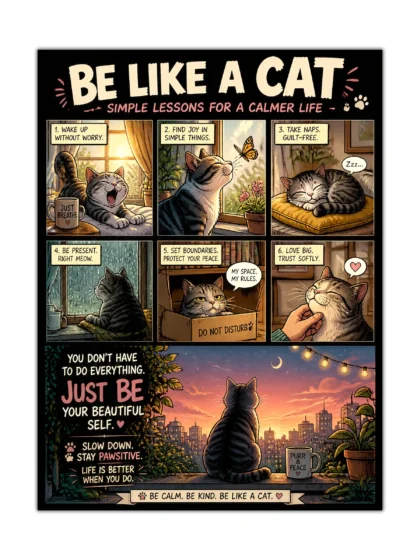 Cat wisdom poster with six illustrated feline scenes and calming life lessons on a black background