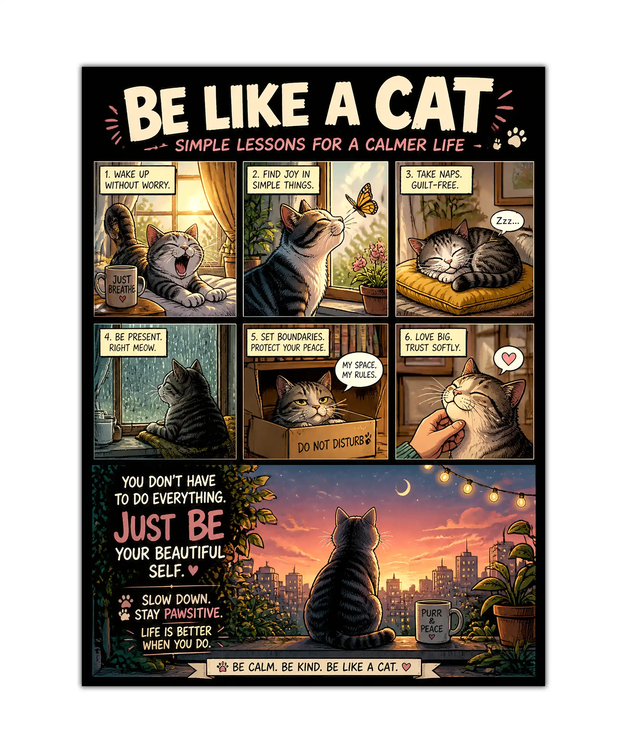 Cat Wisdom Cat Poster 1 painting Cat wisdom poster with six illustrated feline scenes and calming life lessons on a black background