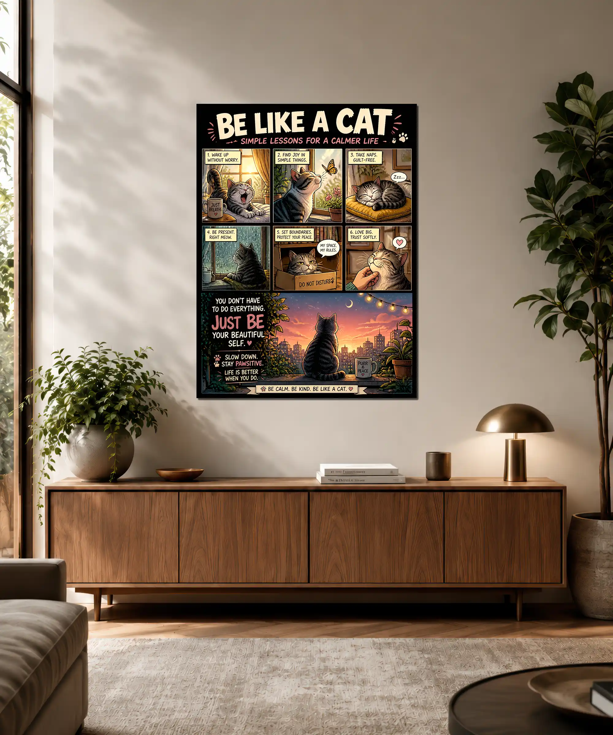 Cat Wisdom Cat Poster 3 painting Cat wisdom poster displayed in an interior with illustrated feline lessons and warm sunset tones