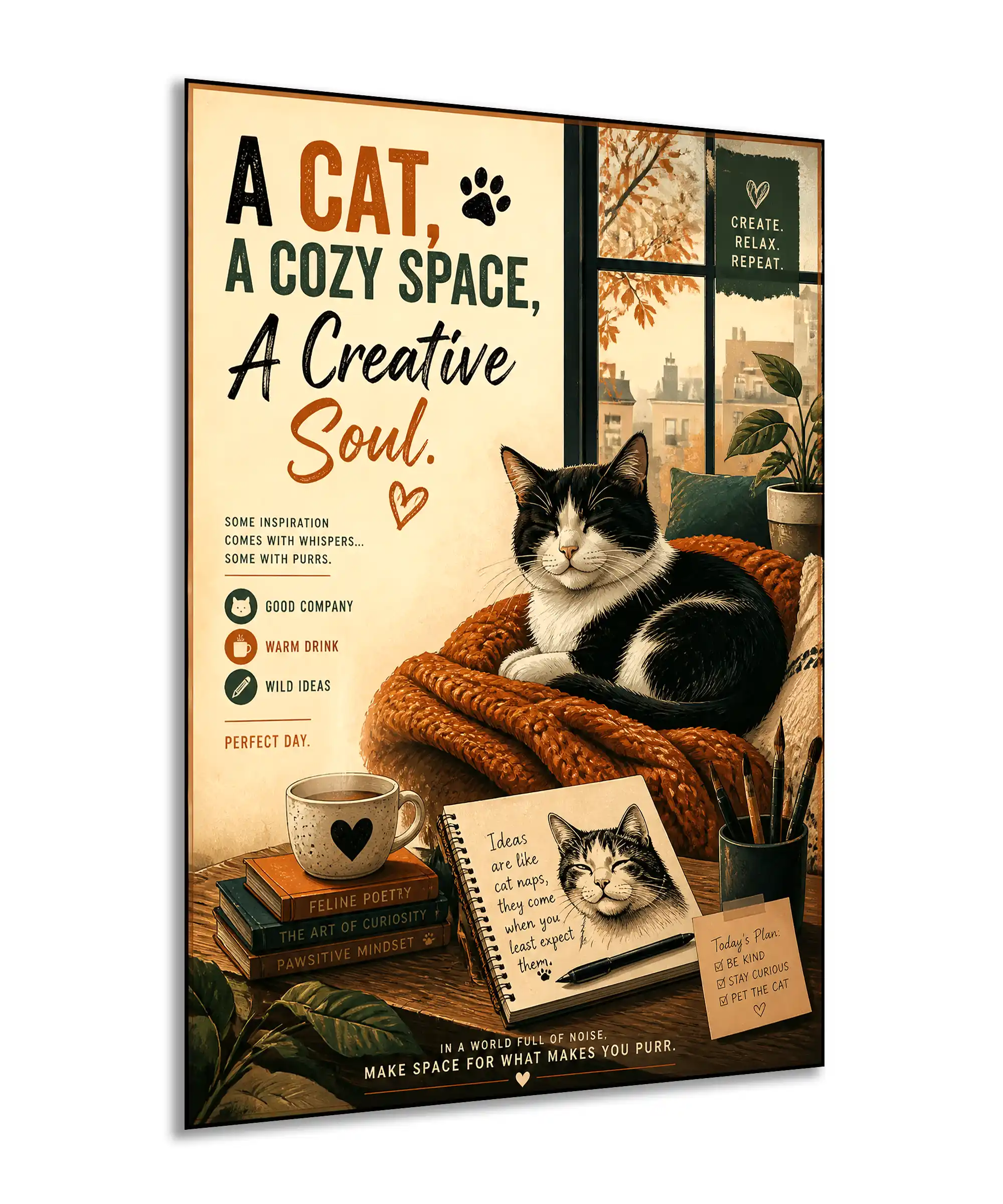 Cozy Cat Aesthetic Poster 2 painting Angled cozy cat wall poster with a tuxedo cat, sketchbook, coffee, books, and warm earthy colors