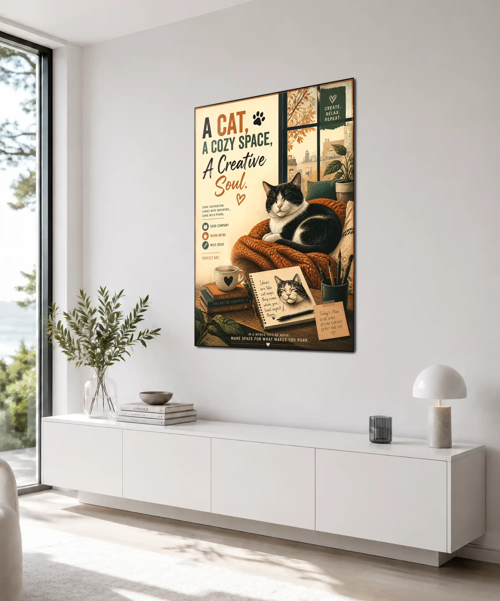 Cozy Cat Aesthetic Poster 4 painting Angled cozy cat poster in a warm interior featuring a resting tuxedo cat and creative desk scene