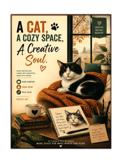 Cozy cat poster showing a tuxedo cat resting among books, coffee, plants, and creative notes