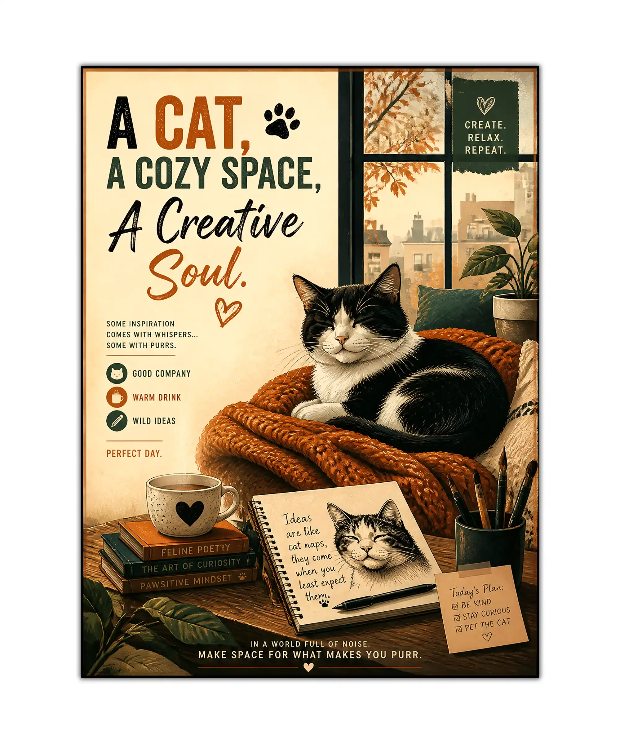 Cozy Cat Aesthetic Poster 1 painting Cozy cat poster showing a tuxedo cat resting among books, coffee, plants, and creative notes