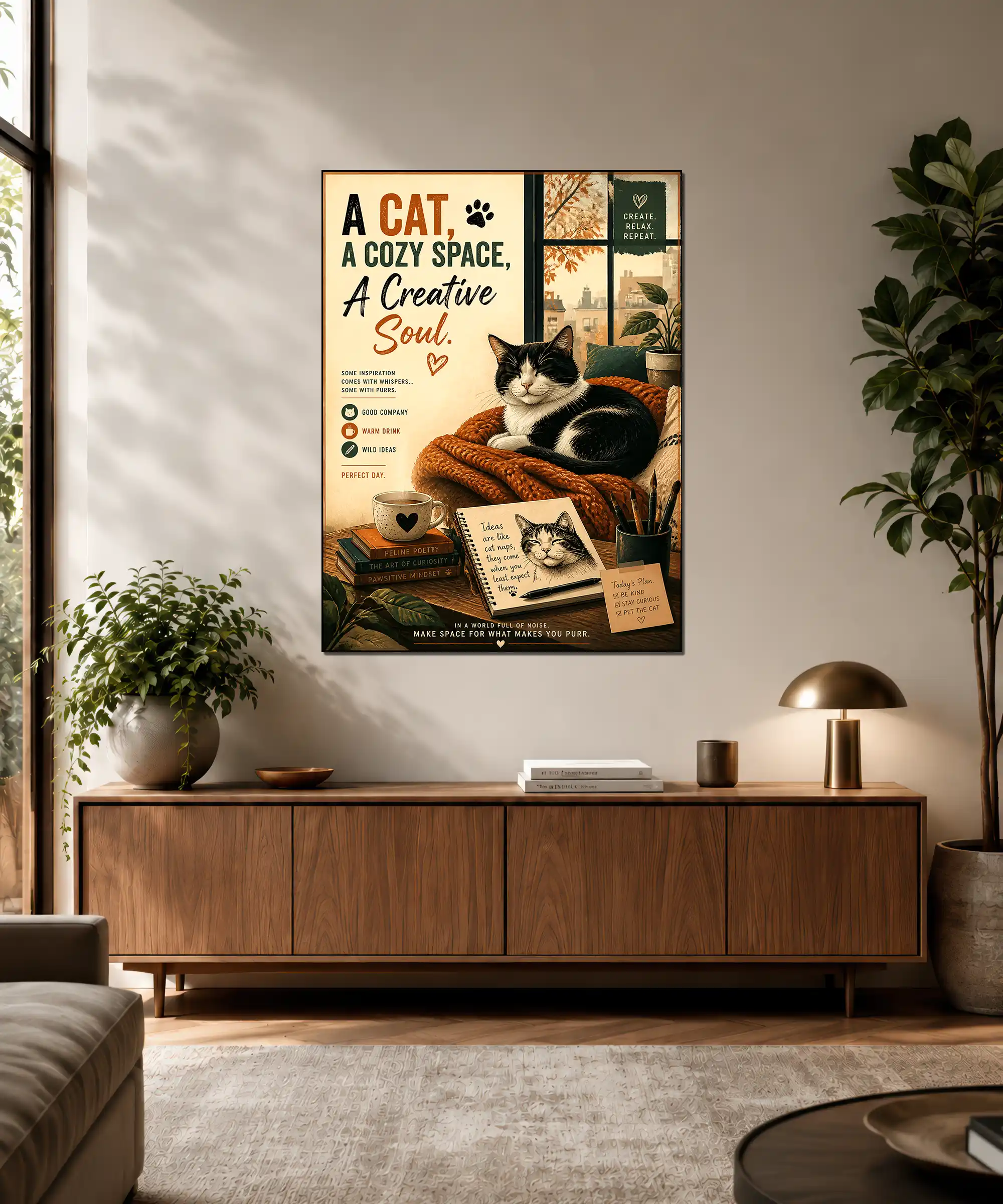 Cozy Cat Aesthetic Poster 3 painting Cozy cat poster displayed in an interior with a tuxedo cat, plants, books, and creative studio details