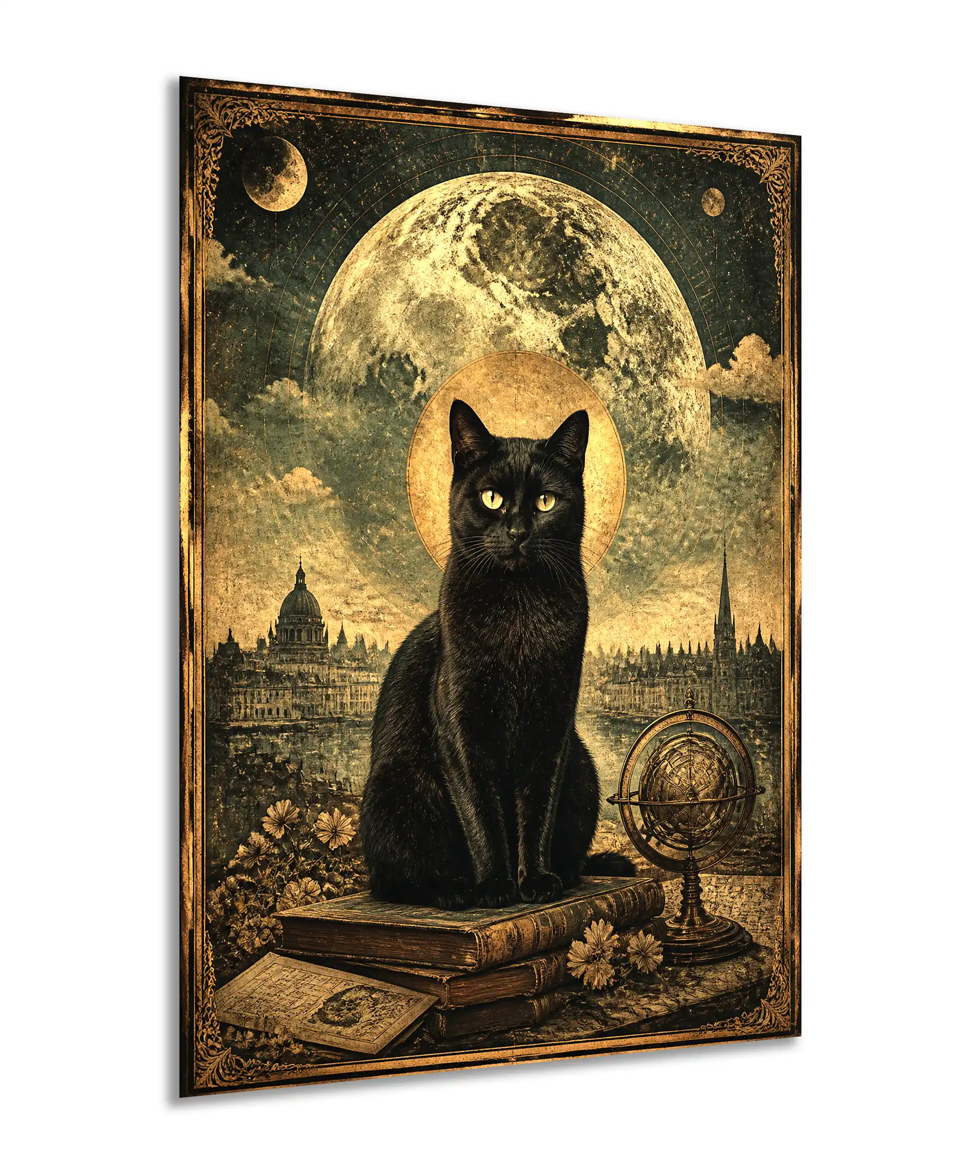 Astral Cat Aesthetic Poster 2 painting Angled black cat wall poster with moon, celestial symbols, books, and brass globe