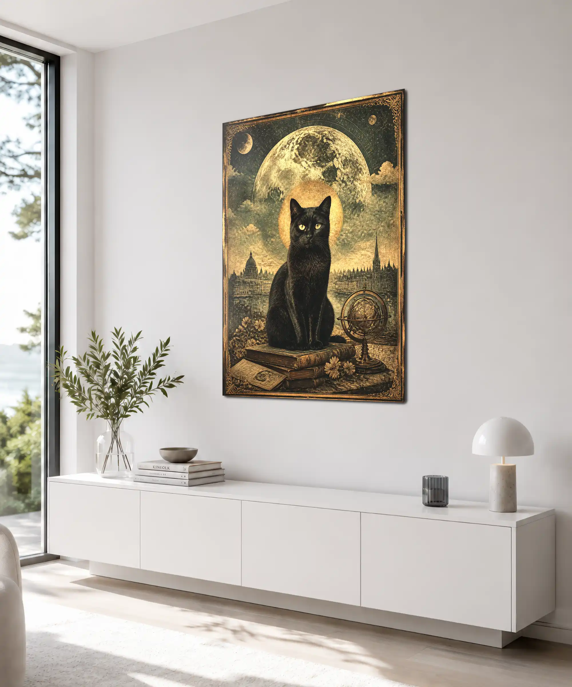 Astral Cat Aesthetic Poster 4 painting Angled astral cat poster in a dark academic room with books and celestial mood