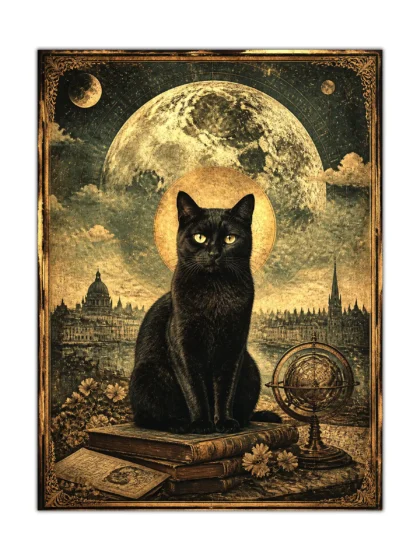 Black cat poster beneath a golden moon with books, planets, and a riverside city