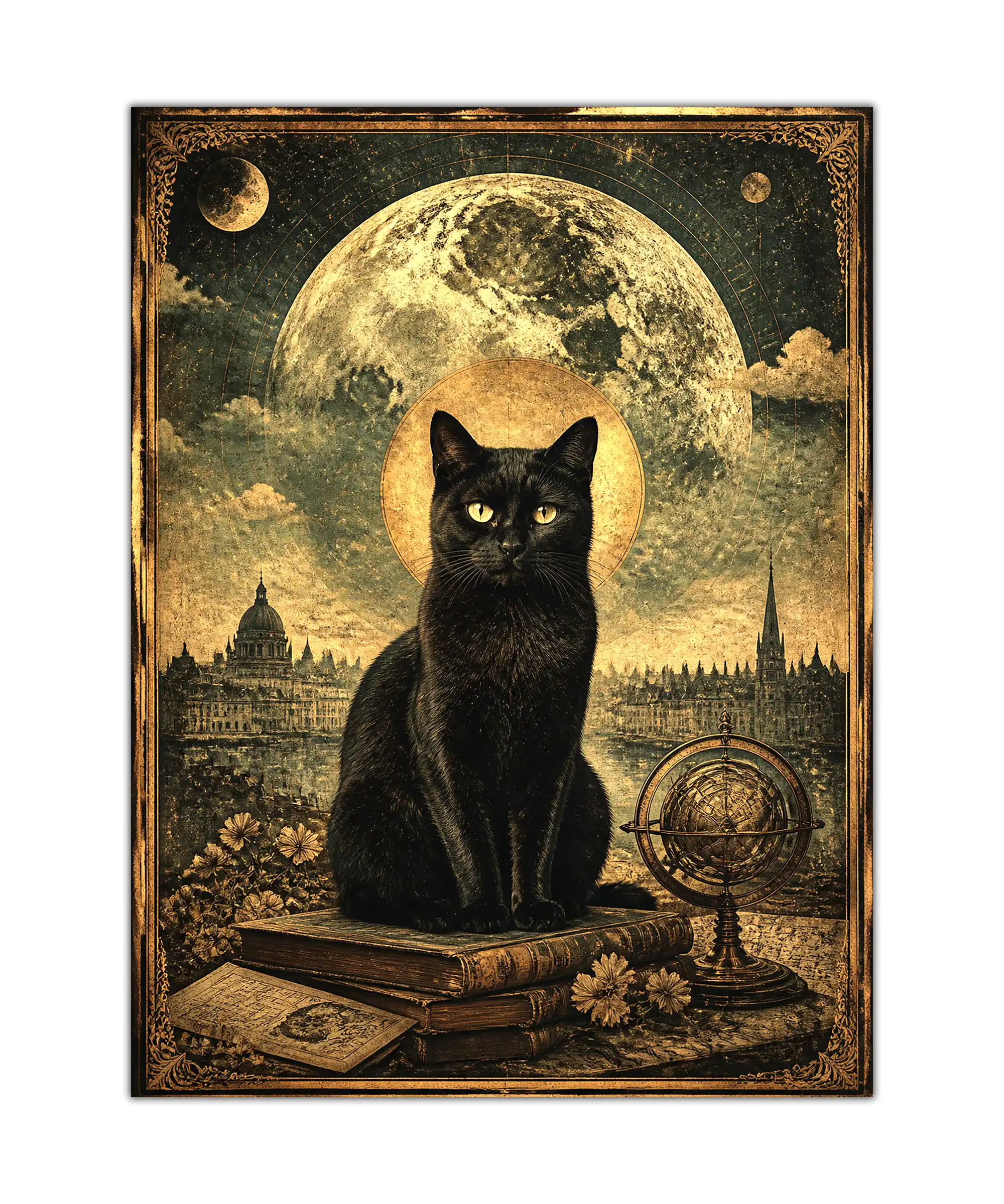 Astral Cat Aesthetic Poster 1 painting Black cat poster beneath a golden moon with books, planets, and a riverside city