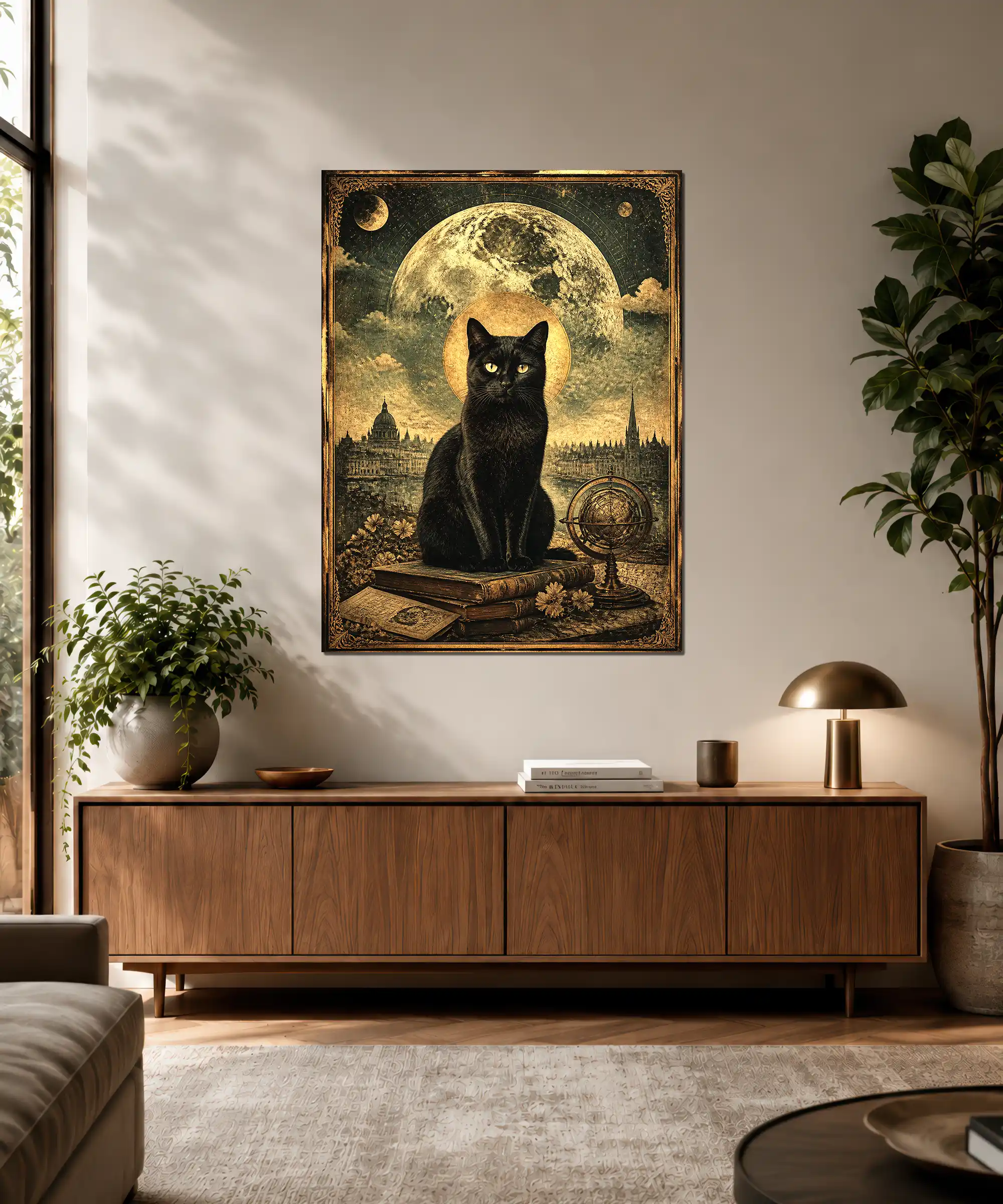 Astral Cat Aesthetic Poster 3 painting Astral black cat poster displayed in a vintage-inspired home library interior