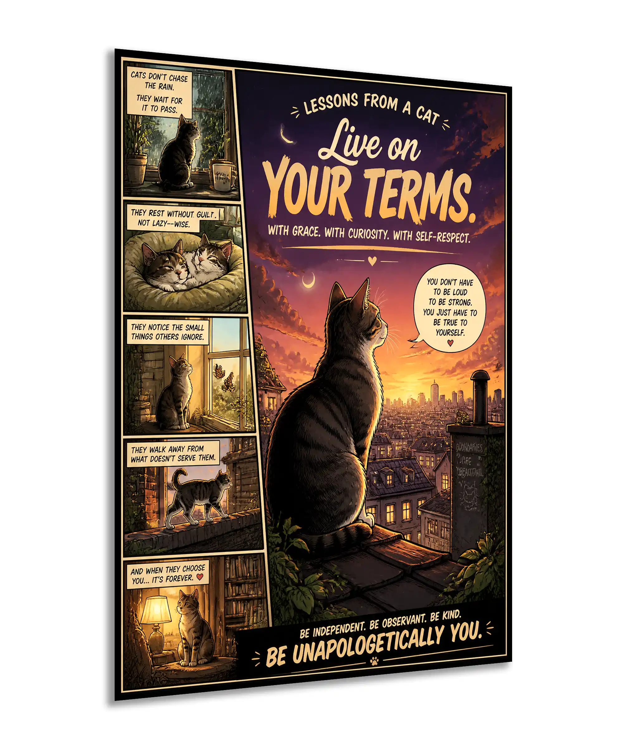 Cat Lessons Aesthetic Poster 2 painting Angled cat quote poster showing a rooftop tabby, city skyline, and illustrated panels