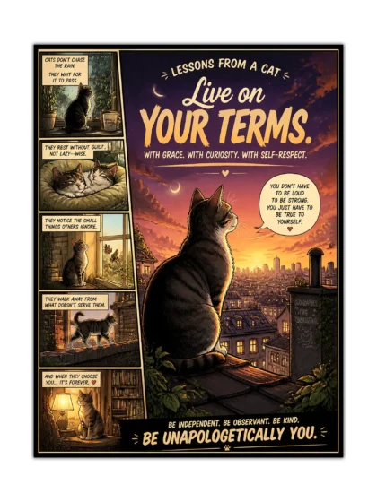 Illustrated cat wisdom poster with a tabby on a sunset rooftop and comic panels