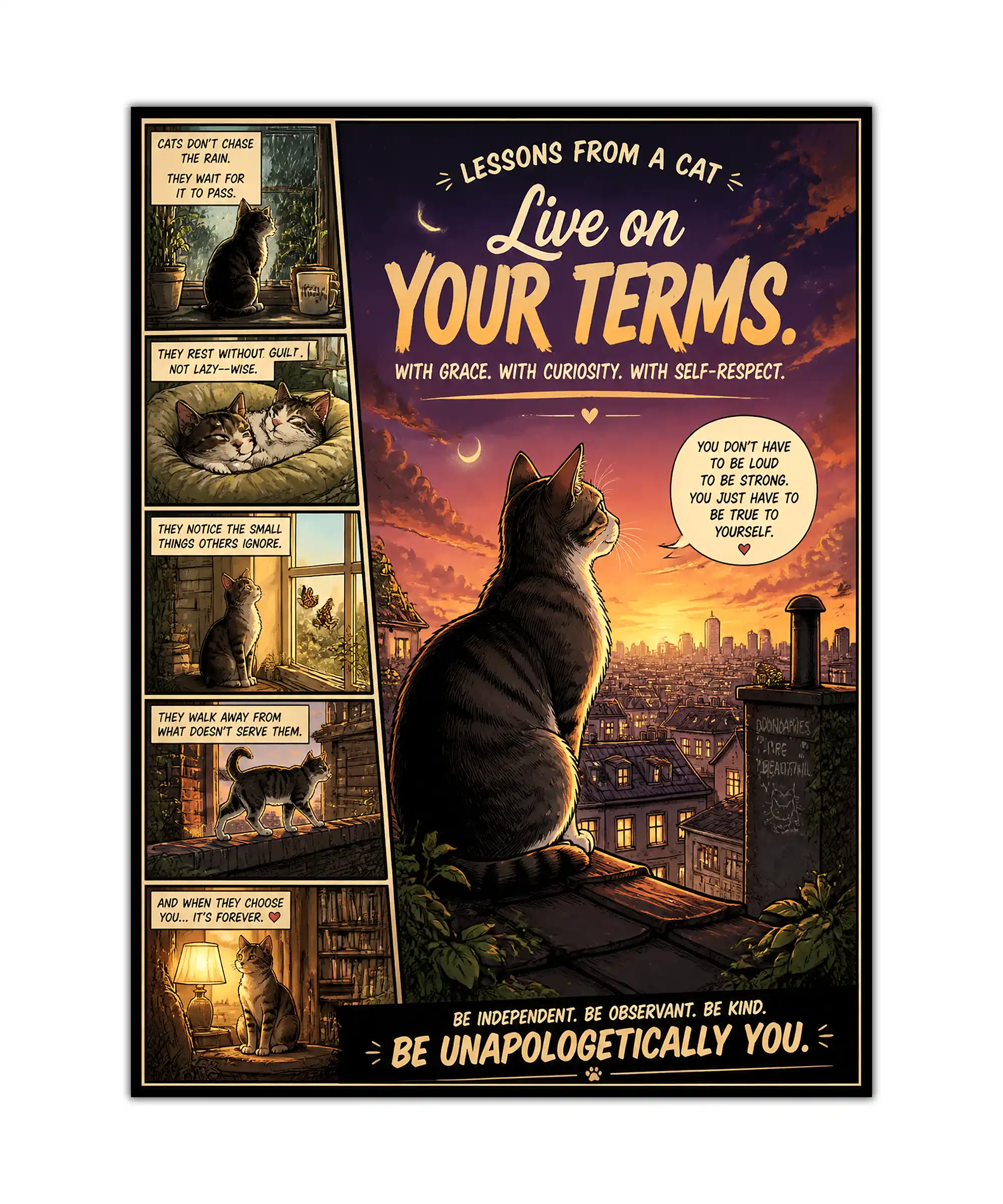 Cat Lessons Aesthetic Poster 1 painting Illustrated cat wisdom poster with a tabby on a sunset rooftop and comic panels