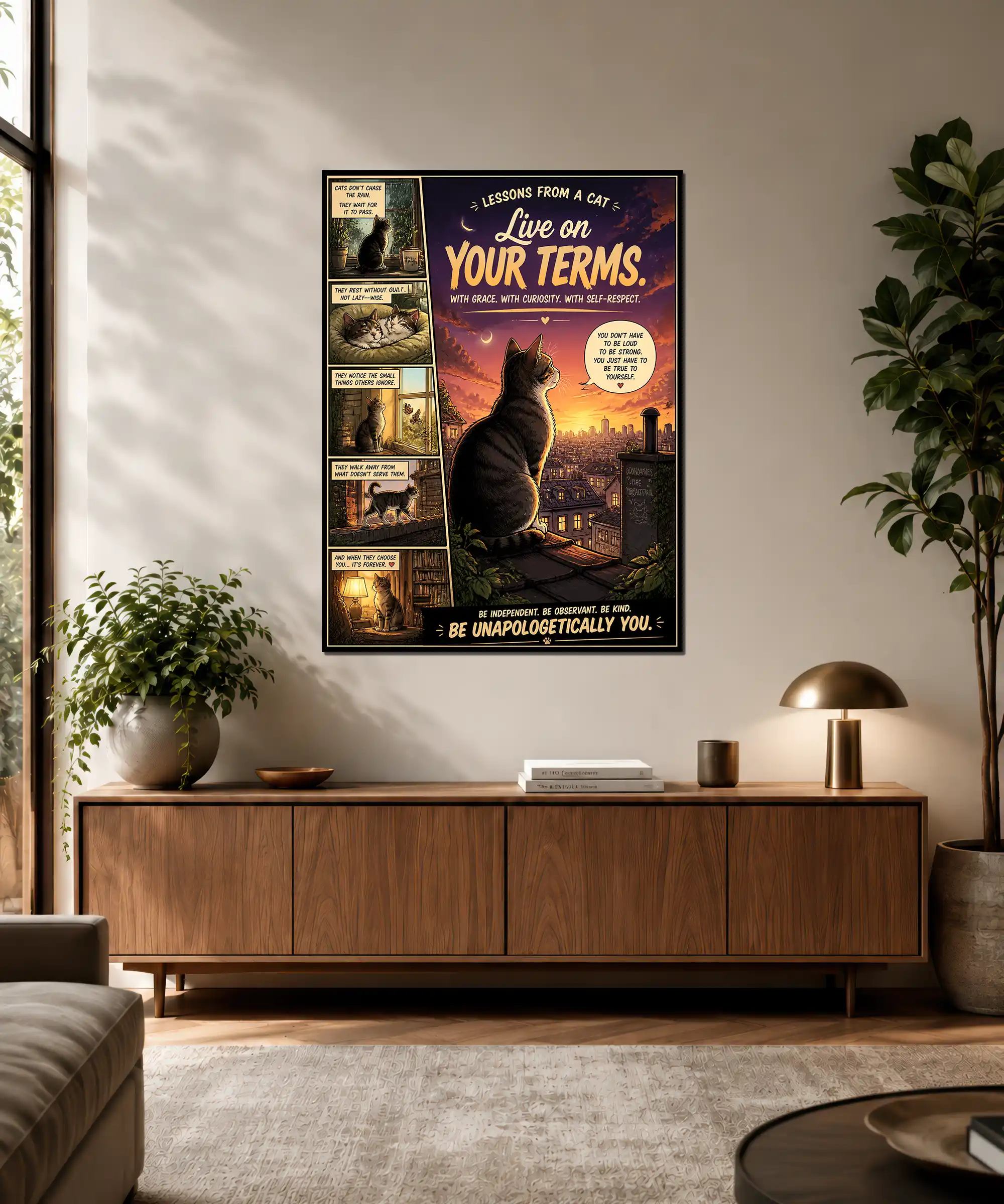 Cat Lessons Aesthetic Poster 3 painting Cat lessons poster displayed in an interior with warm illustrated sunset colors