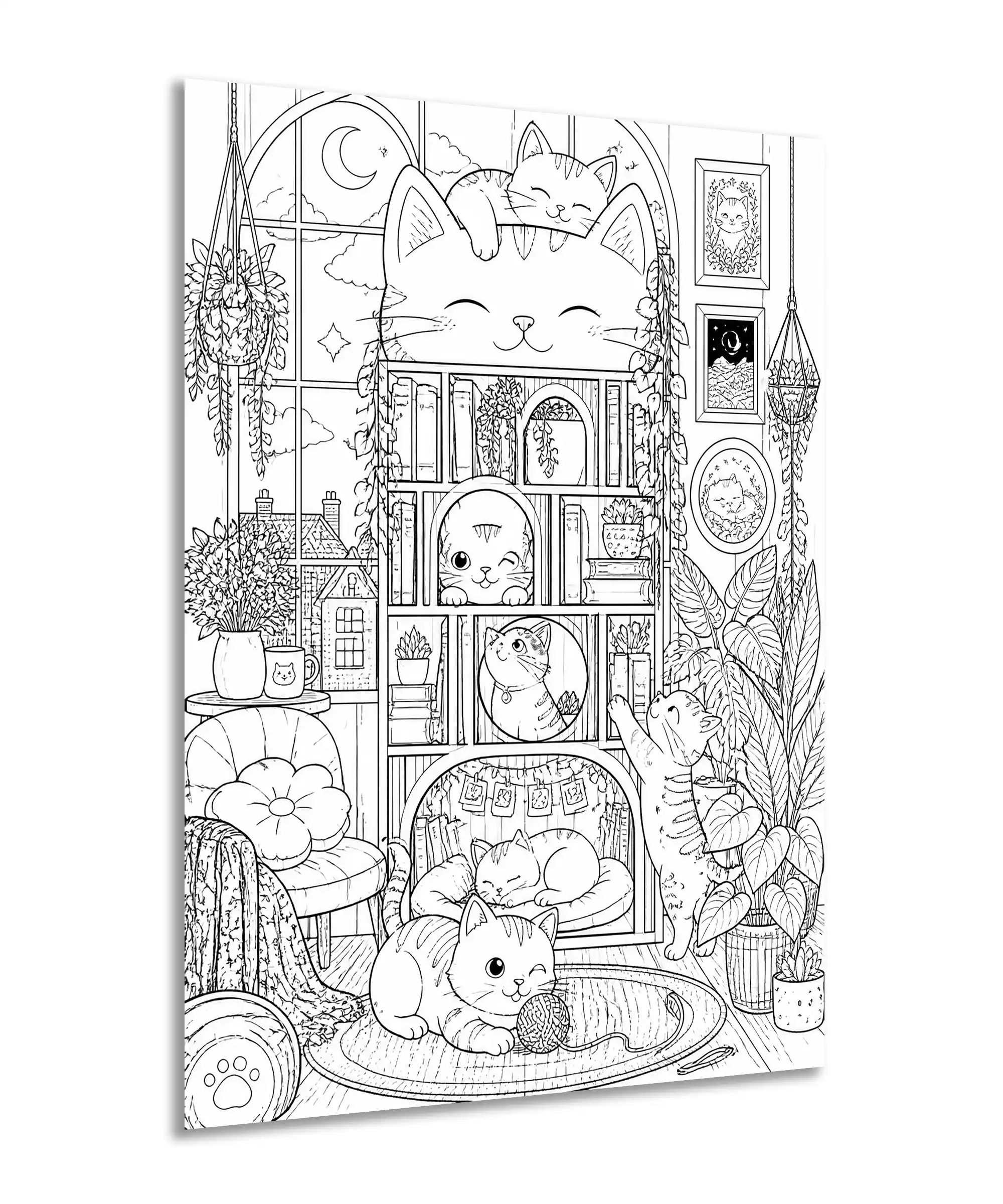 Cozy Cats Cat Poster 2 painting Angled cozy cat poster featuring sleepy kittens, books, plants, and a charming indoor reading nook
