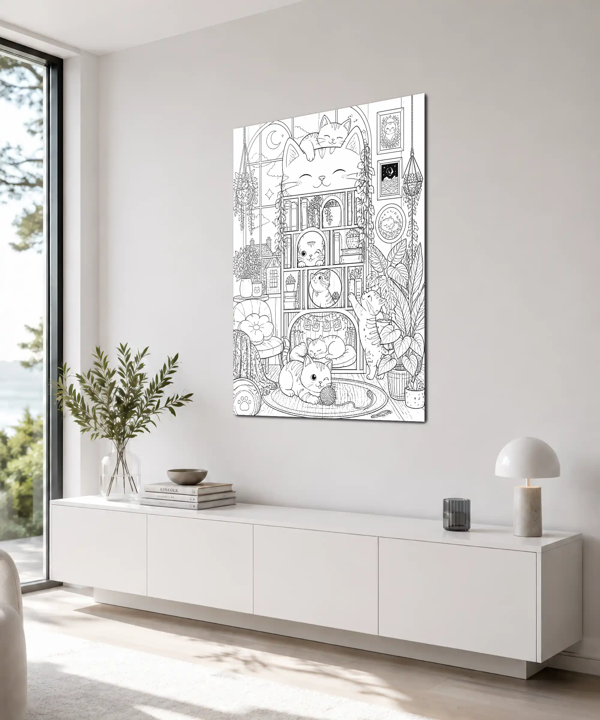 Cozy Cats Cat Poster 4 painting Angled cat wall art displayed indoors with playful kittens, houseplants, books, and cozy room details