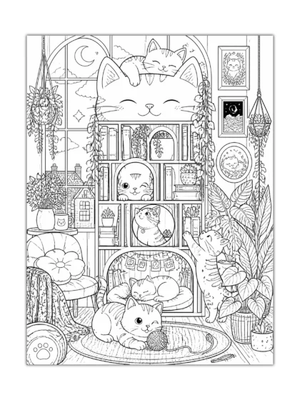 Cozy cat poster with multiple kittens, bookshelves, houseplants, and detailed black-and-white line art