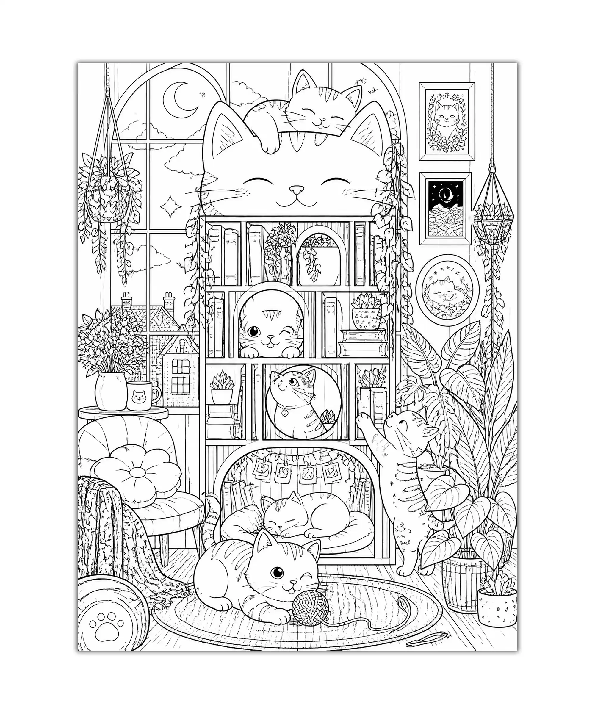 Cozy Cats Cat Poster 1 painting Cozy cat poster with multiple kittens, bookshelves, houseplants, and detailed black-and-white line art