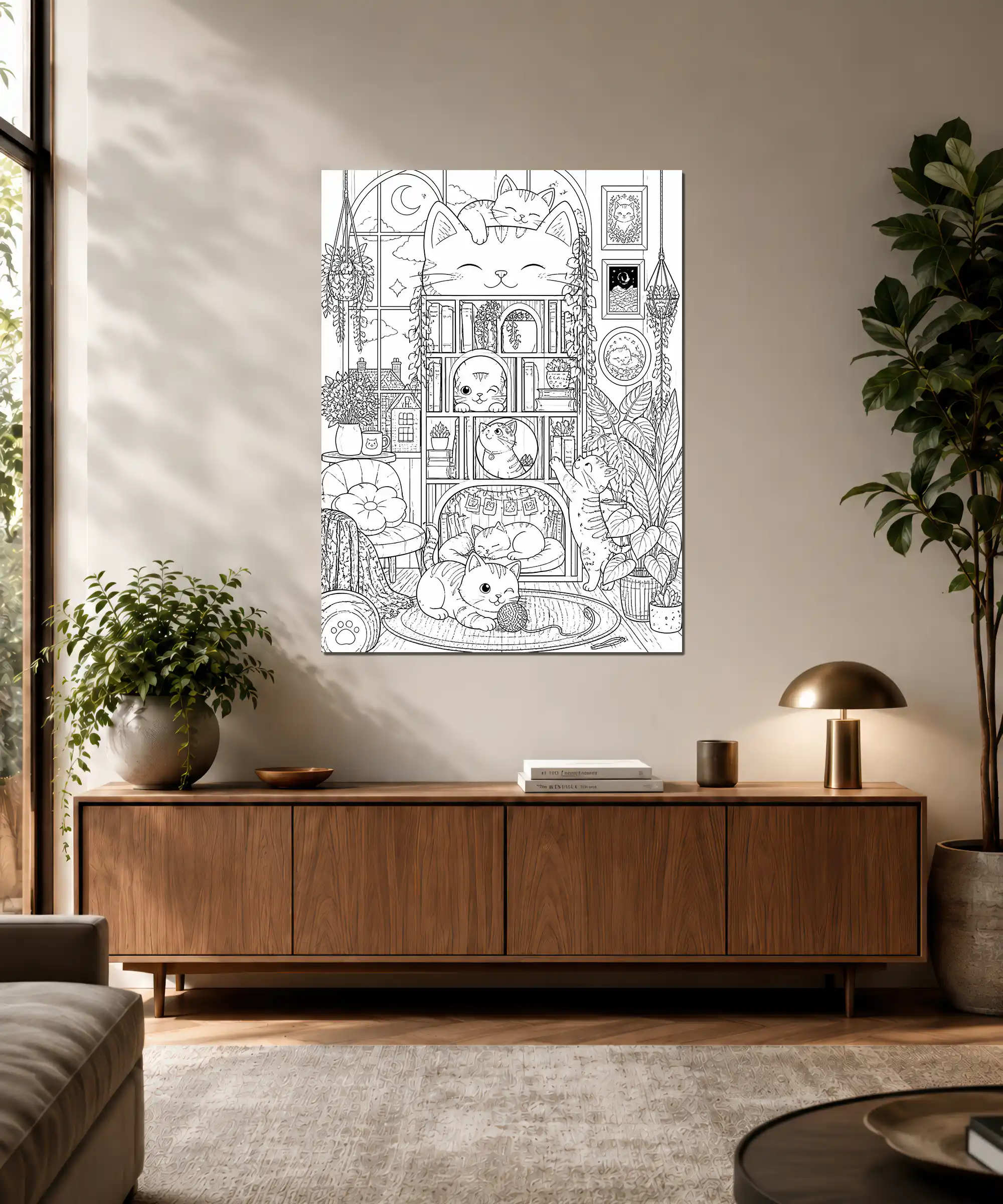 Cozy Cats Cat Poster 3 painting Cozy cat poster displayed in an interior with kittens, bookshelves, plants, and storybook-style line art