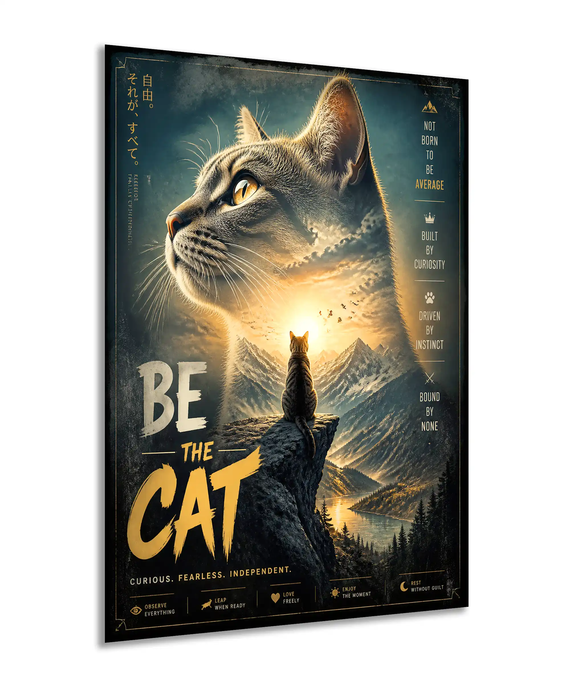 Independent Cat Aesthetic Poster 2 painting Angled independent cat poster featuring a feline overlooking mountains and a glowing sunset