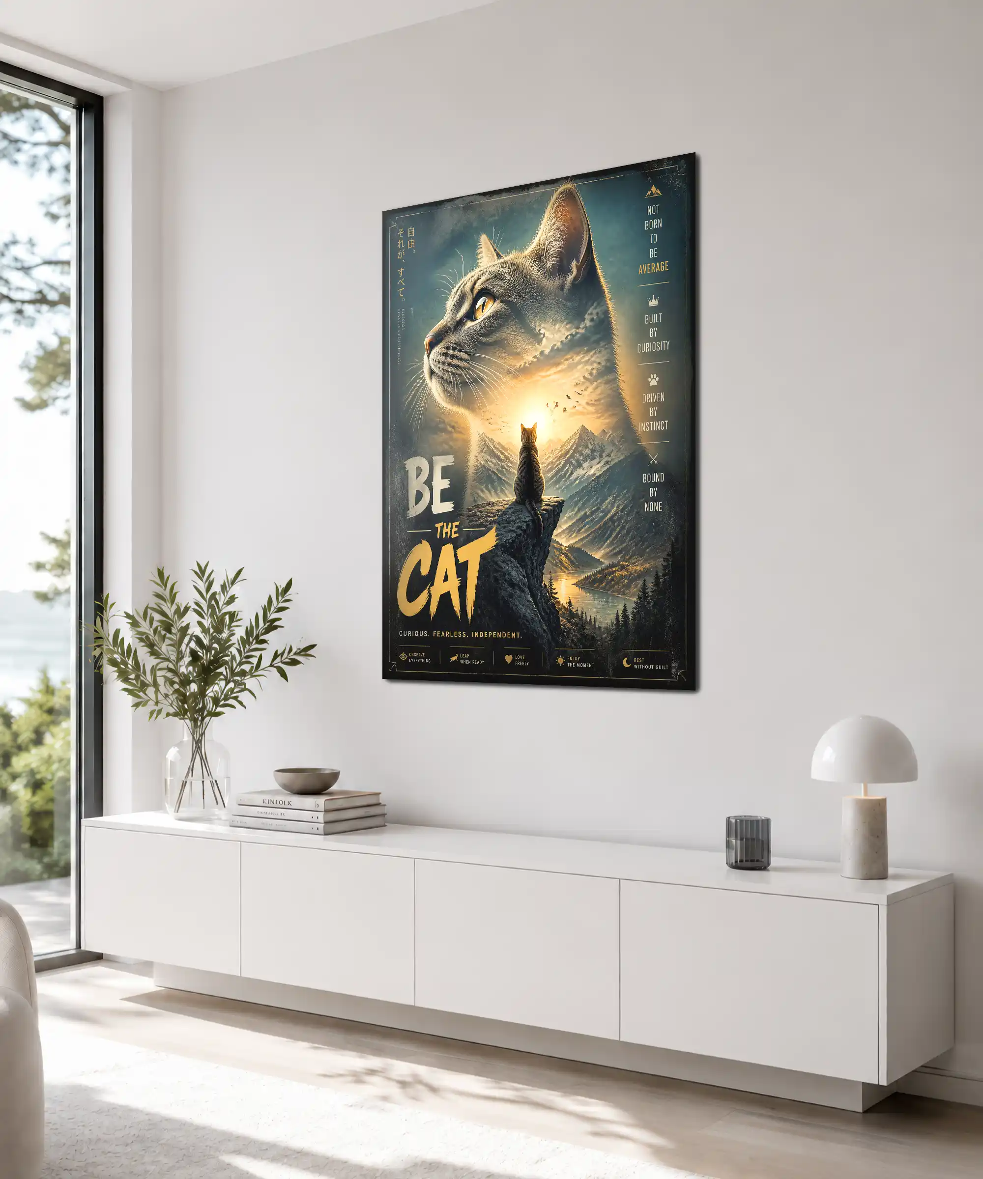 Independent Cat Aesthetic Poster 4 painting Angled cat mountain wall art displayed indoors with a sunset, lake, and snowy peaks