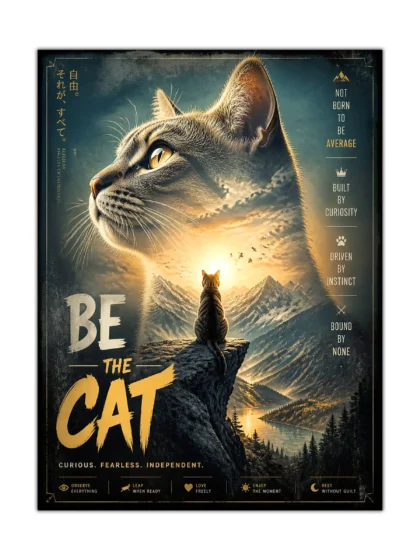 Independent cat poster with a mountain sunset, snowy peaks, and bold gold lettering