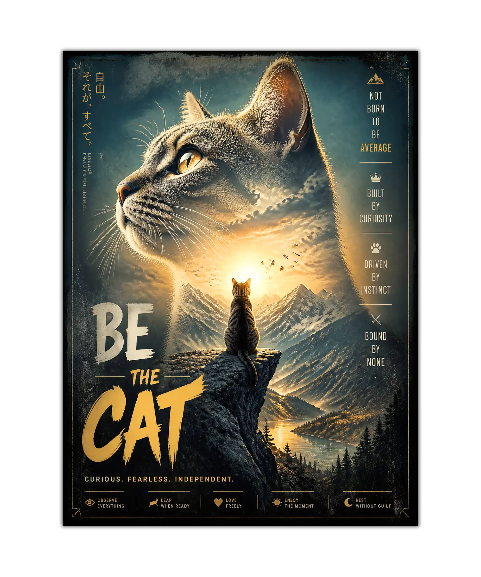 Independent Cat Aesthetic Poster 1 painting Independent cat poster with a mountain sunset, snowy peaks, and bold gold lettering