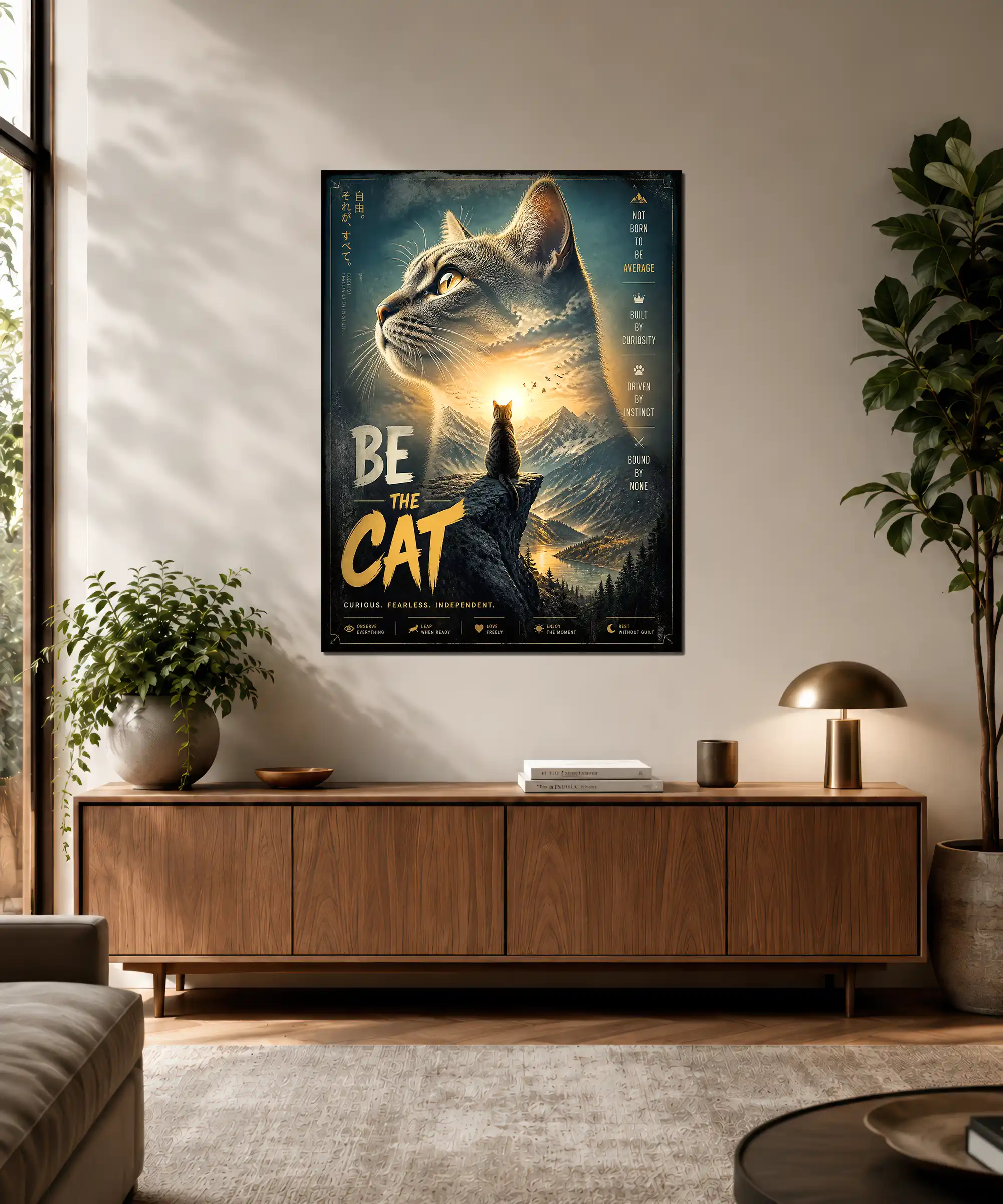 Independent Cat Aesthetic Poster 3 painting Independent cat wall poster displayed in an interior with mountain scenery and gold typography