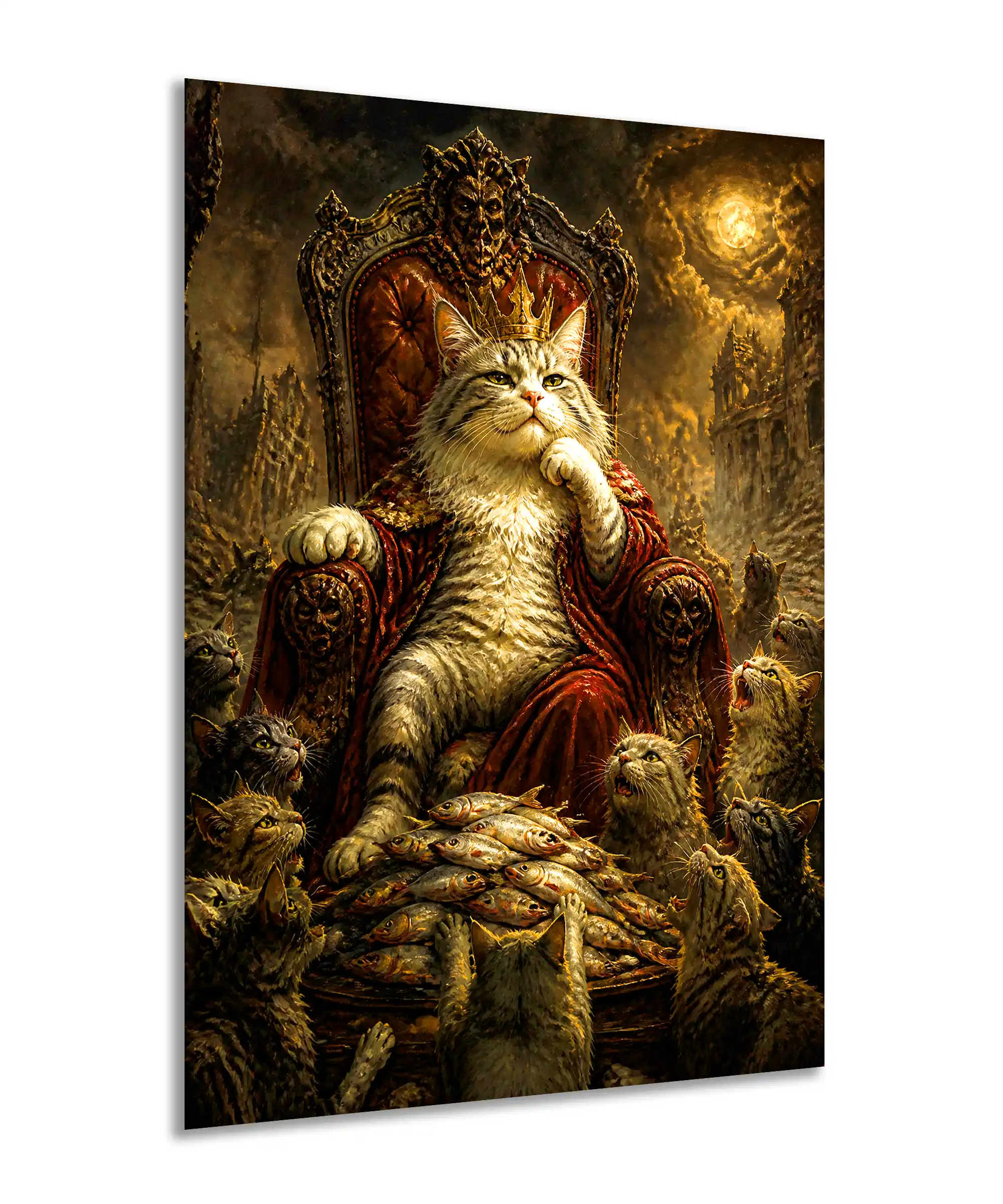 Cat King Fantasy Poster 2 painting Angled view of crowned cat king fantasy poster with feline court and fish feast