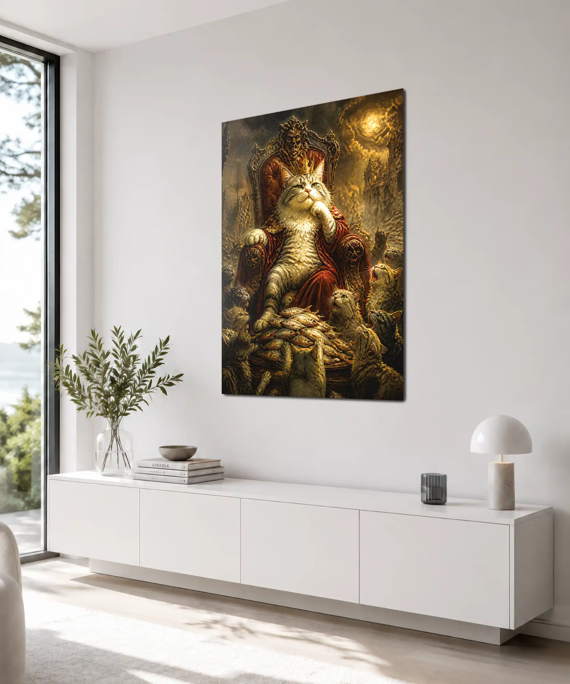 Cat King Fantasy Poster 4 painting Angled cat king wall poster displayed beside furnishings in a warm room