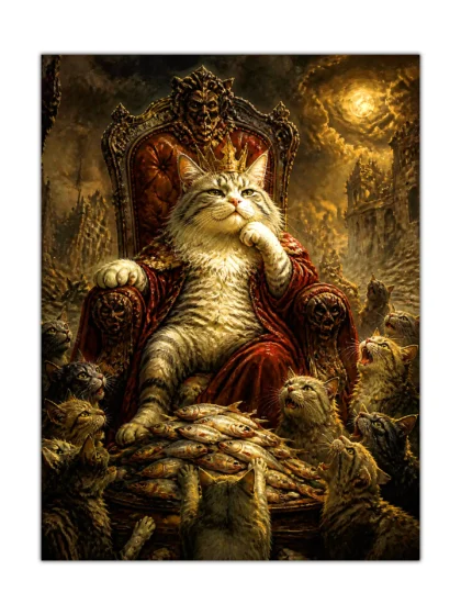 Crowned cat king seated on an ornate throne in a moonlit fantasy poster
