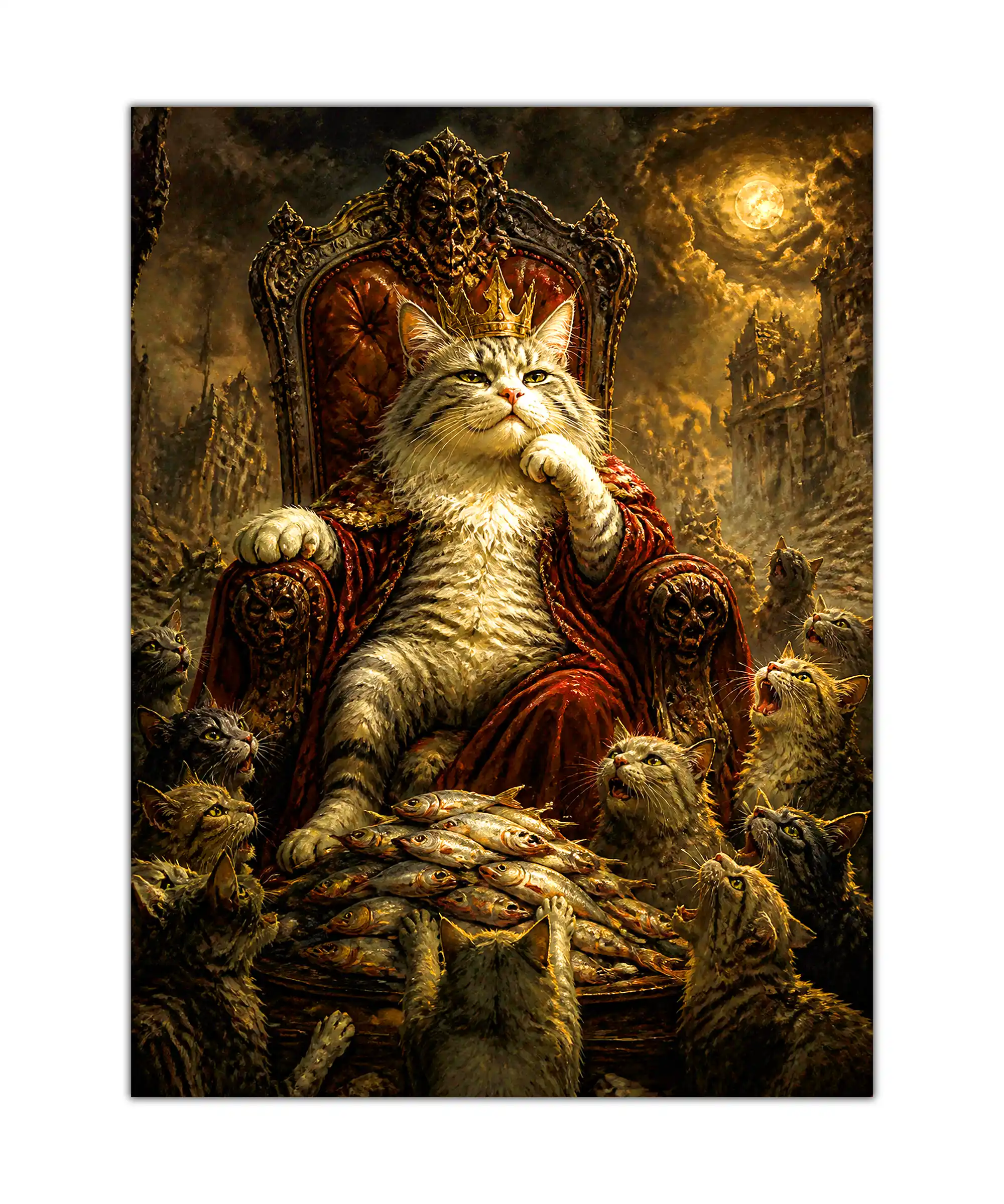 Cat King Fantasy Poster 1 painting Crowned cat king seated on an ornate throne in a moonlit fantasy poster