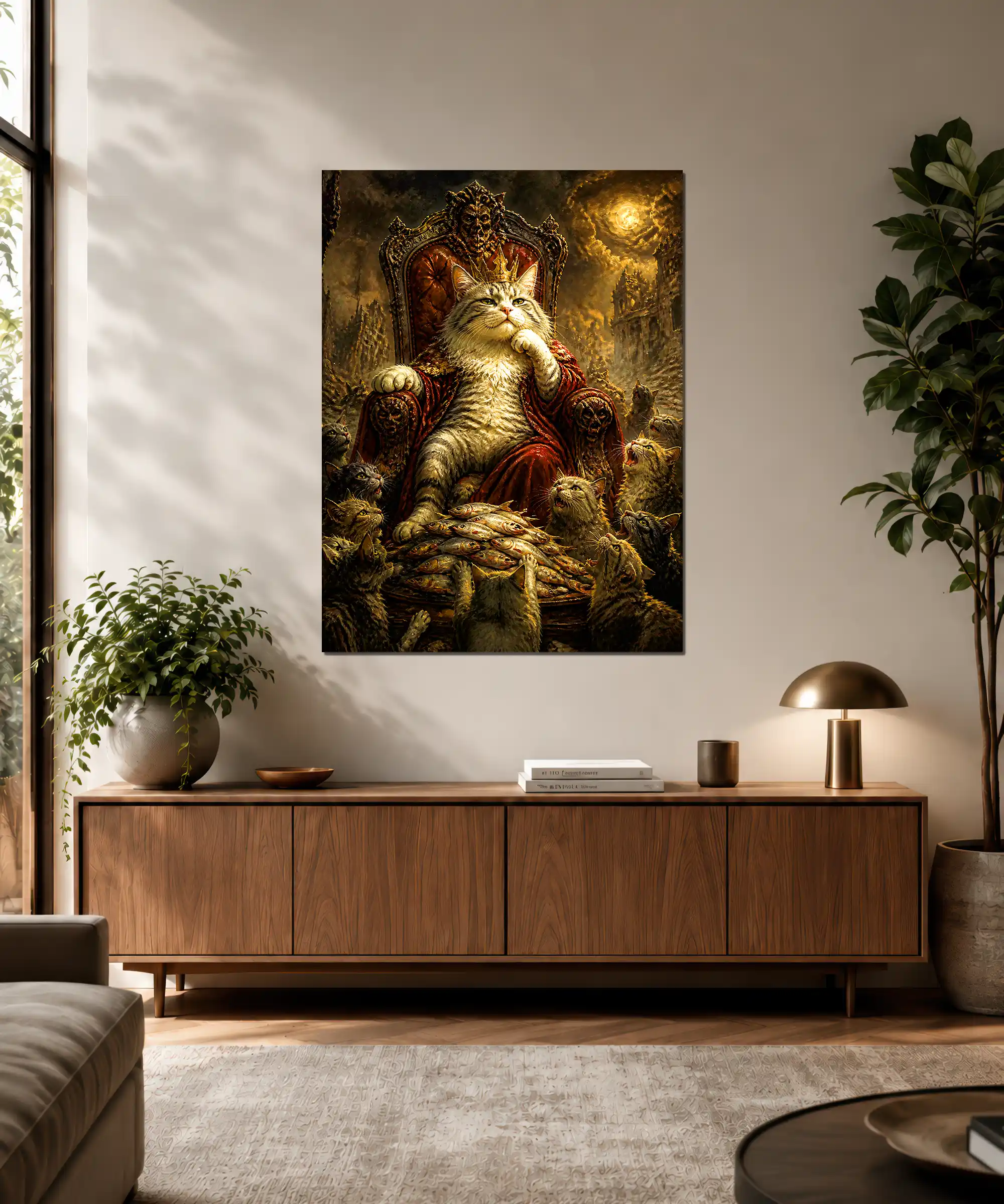 Cat King Fantasy Poster 3 painting Cat king fantasy poster displayed in an interior with dark regal artwork
