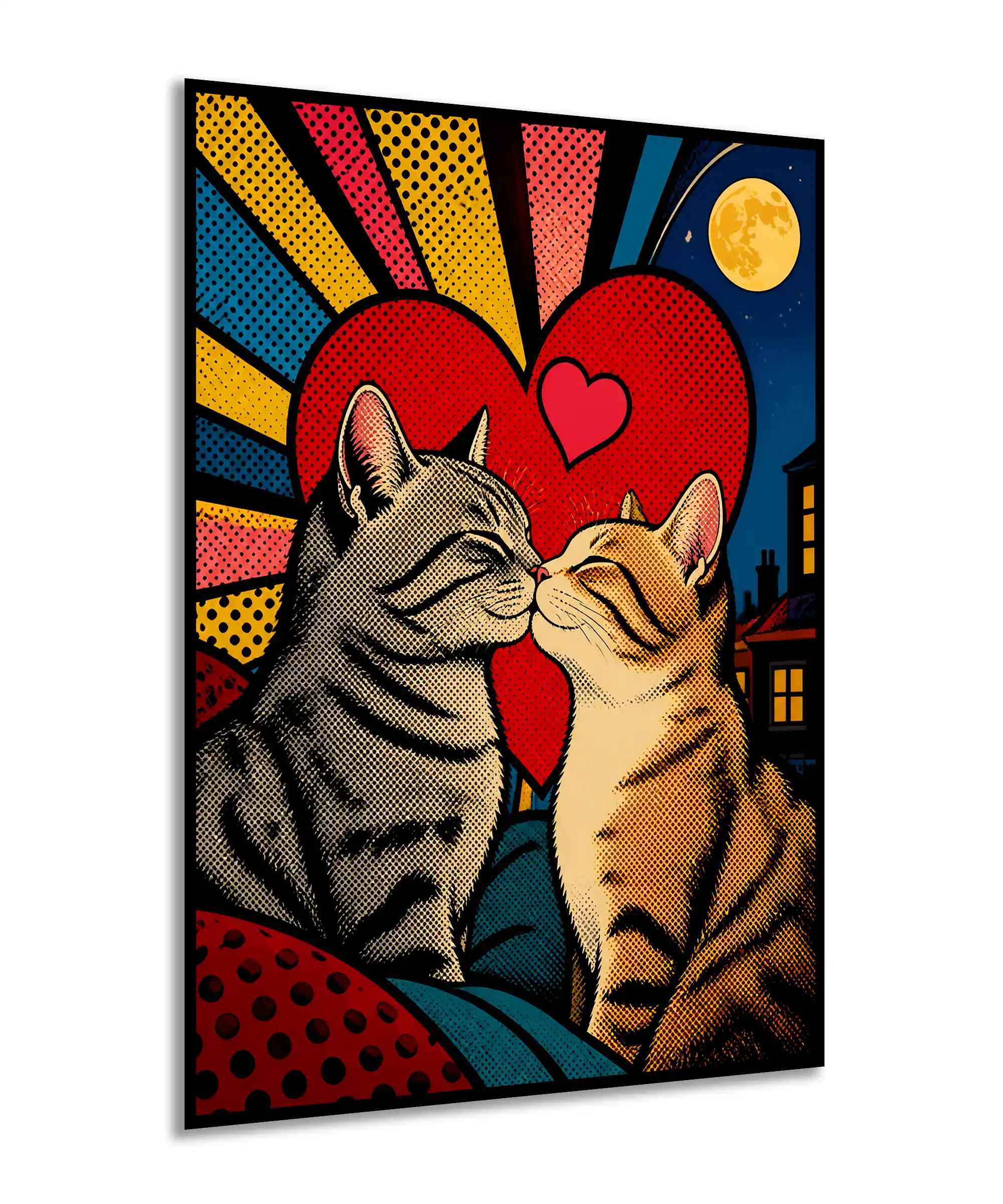 Midnight Kiss Cat Poster 2 painting Angled cat poster showing affectionate gray and orange cats beneath a bright moon