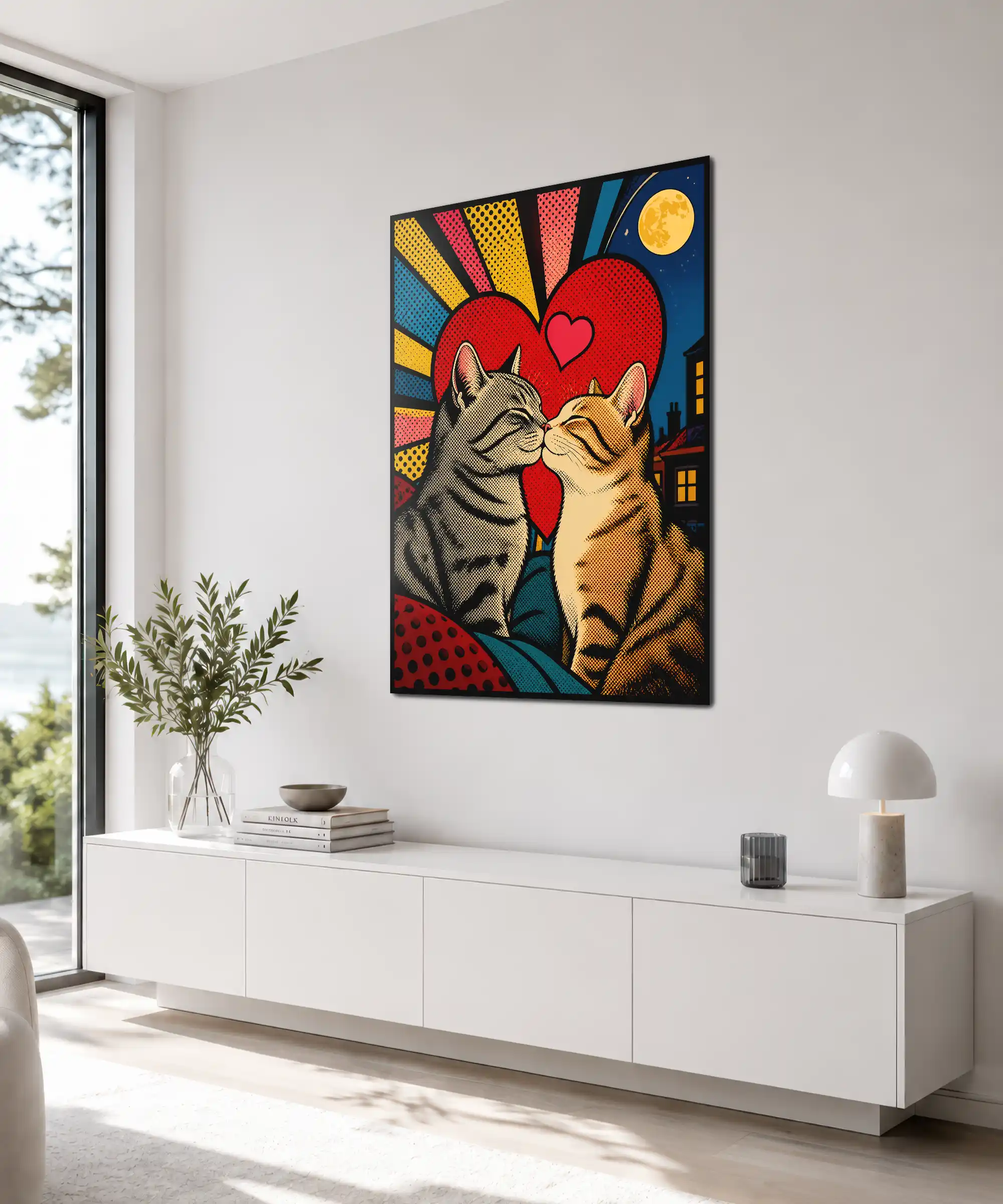 Midnight Kiss Cat Poster 4 painting Angled wall art poster of kissing cats with moon, heart, and city lights