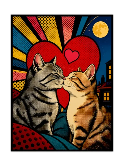 Pop art poster of two kissing cats beneath a moon with a red heart and city skyline
