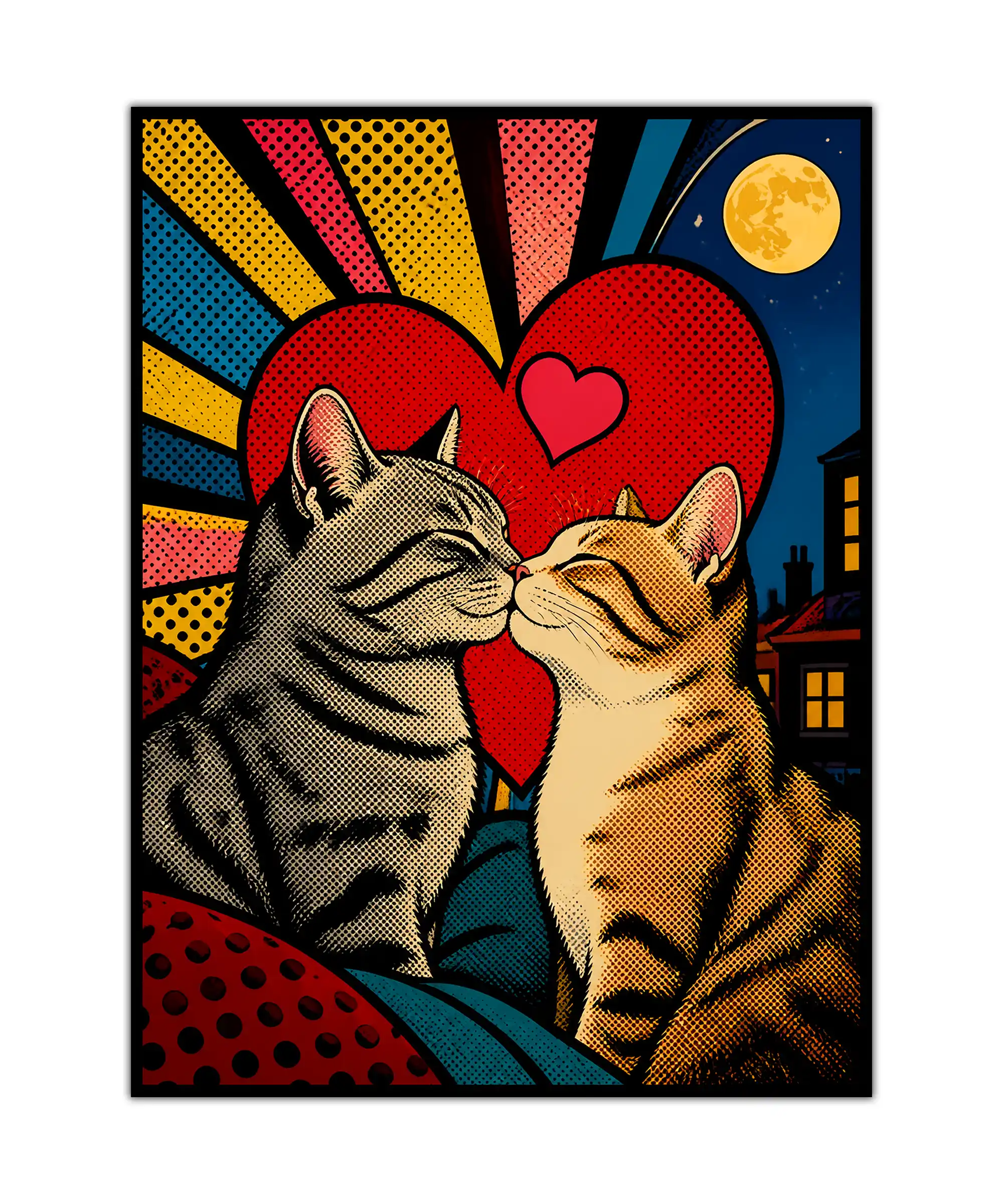 Midnight Kiss Cat Poster 1 painting Pop art poster of two kissing cats beneath a moon with a red heart and city skyline