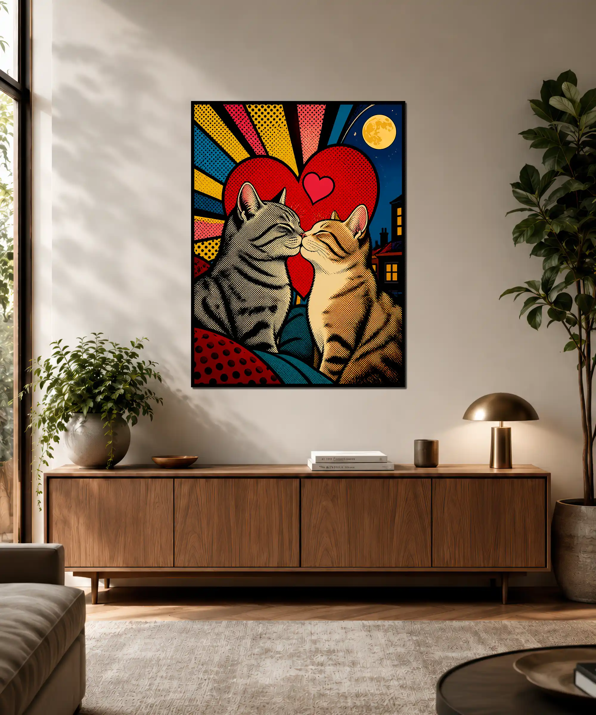 Midnight Kiss Cat Poster 3 painting Midnight kiss cat wall poster displayed in a colorful modern interior