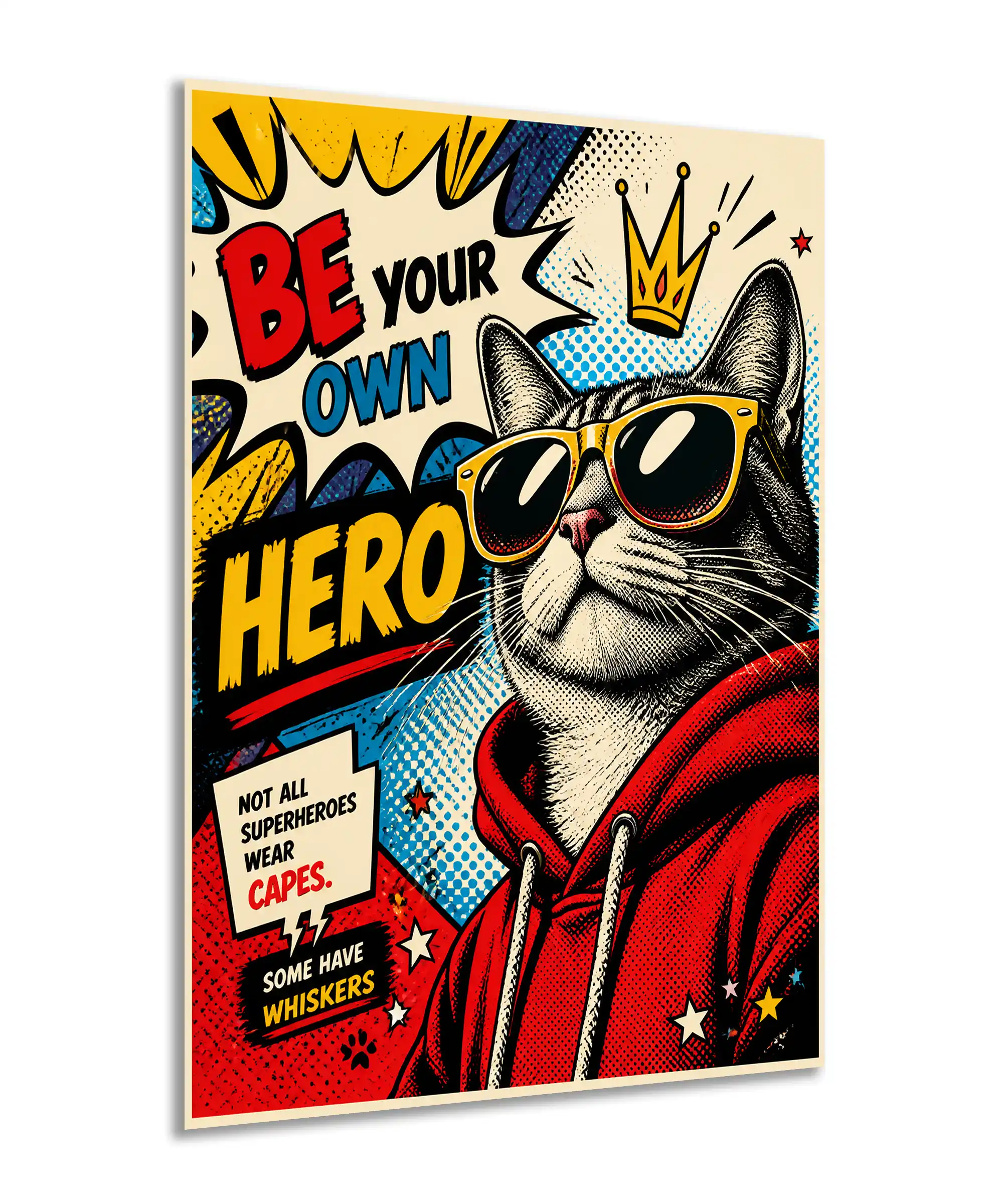 Whiskered Hero Cat Poster 2 painting Angled cat superhero poster featuring sunglasses, hoodie, halftone texture, and bright colors