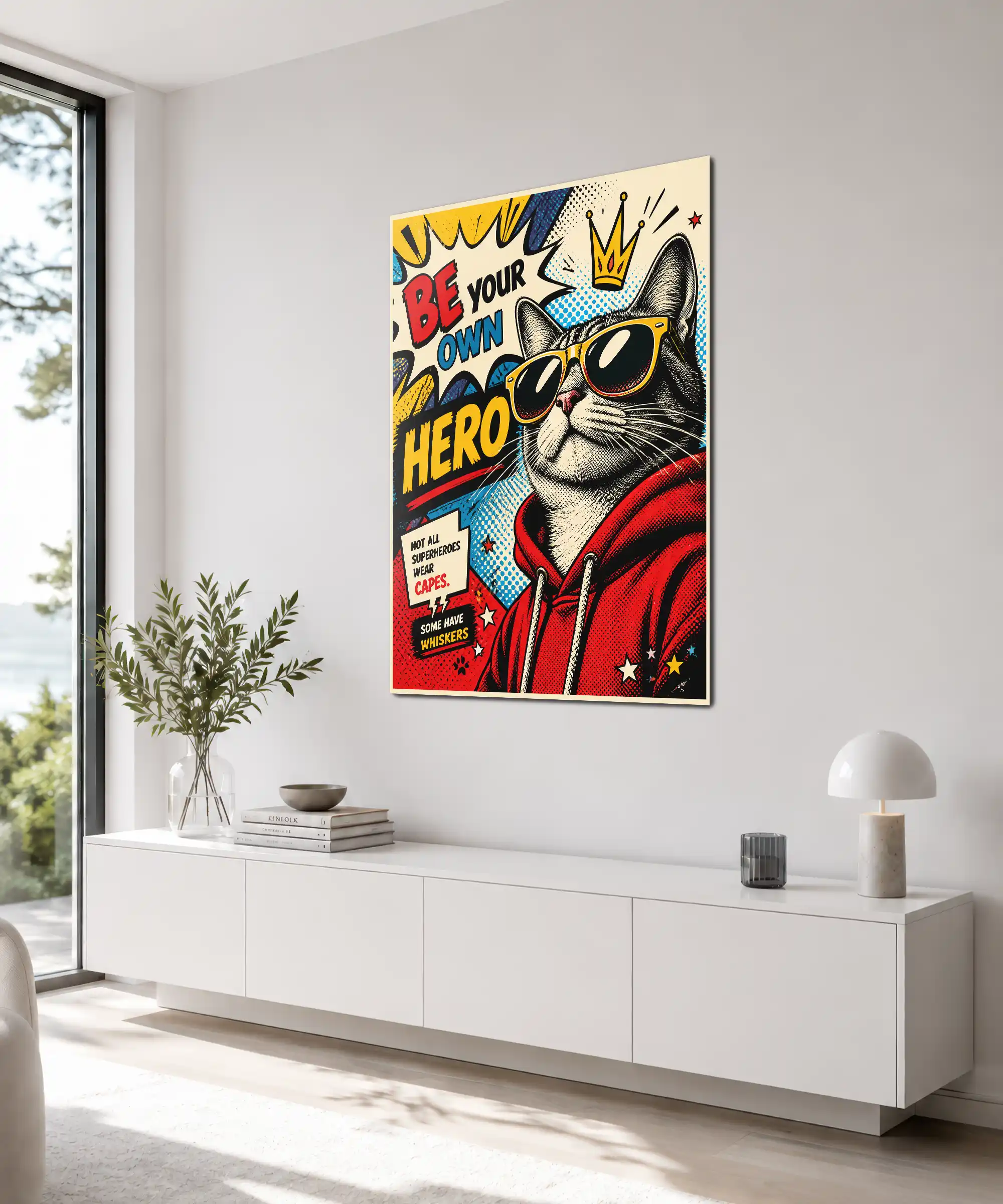 Whiskered Hero Cat Poster 4 painting Angled superhero cat wall art displayed indoors with comic lettering and bold pop art colors