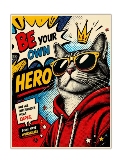 Pop art cat poster with sunglasses, red hoodie, comic graphics, and superhero lettering