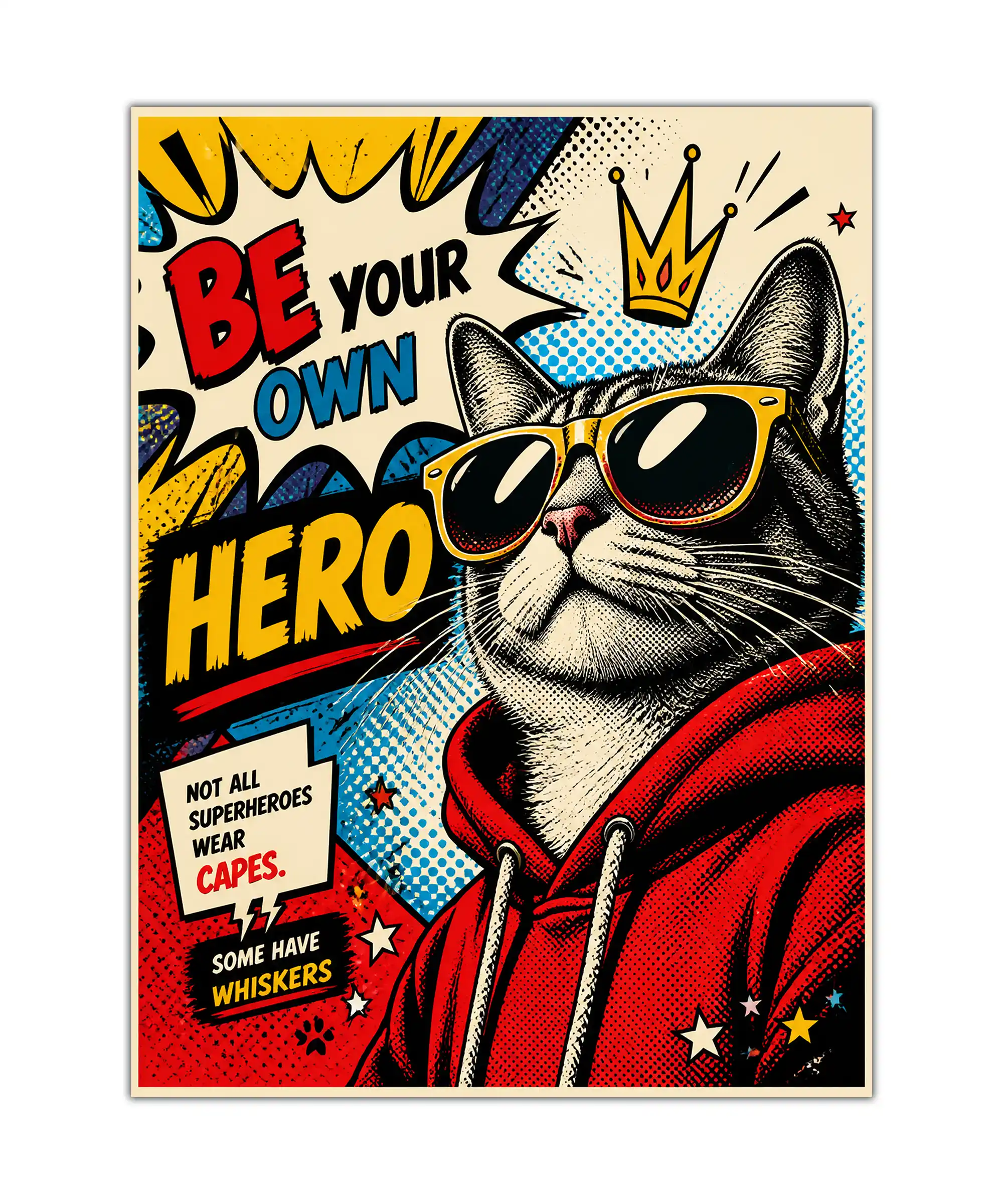 Whiskered Hero Cat Poster 1 painting Pop art cat poster with sunglasses, red hoodie, comic graphics, and superhero lettering