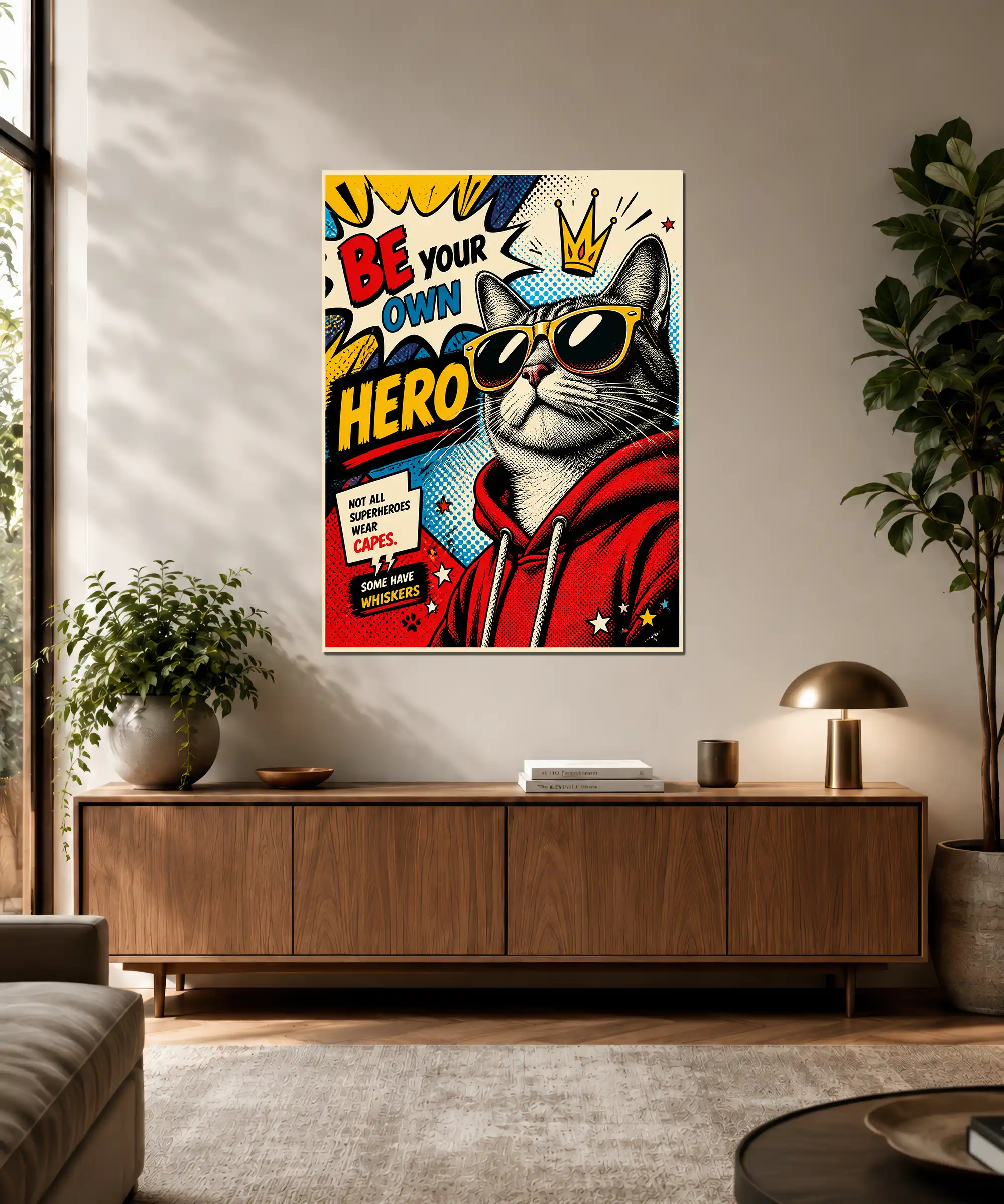 Whiskered Hero Cat Poster 3 painting Comic book cat wall art with sunglasses and red hoodie displayed in a bright interior