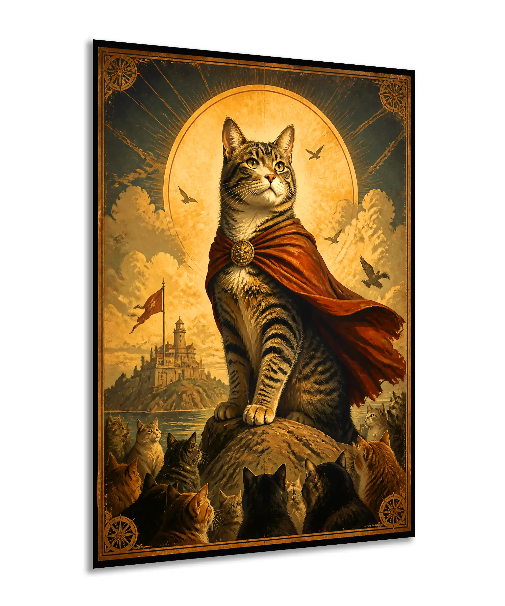 Cat King Fantasy Poster 2 painting Angled cat king poster with red-caped tabby, castle landscape, and golden moon