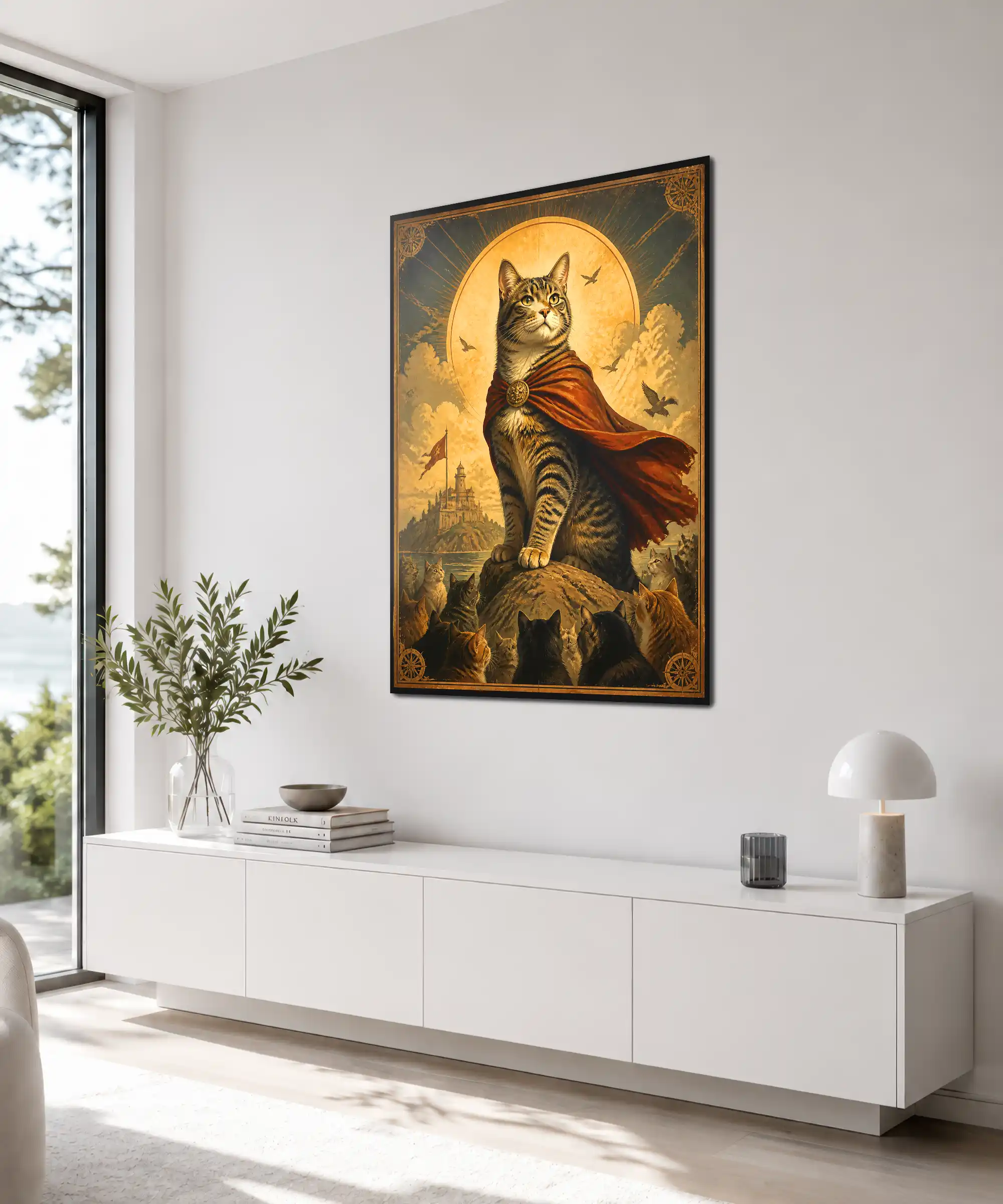 Cat King Fantasy Poster 4 painting Angled fantasy cat poster in an interior featuring a royal tabby and cat court