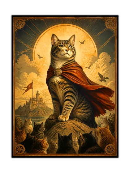 Cat king fantasy poster showing a caped tabby before a castle and golden moon