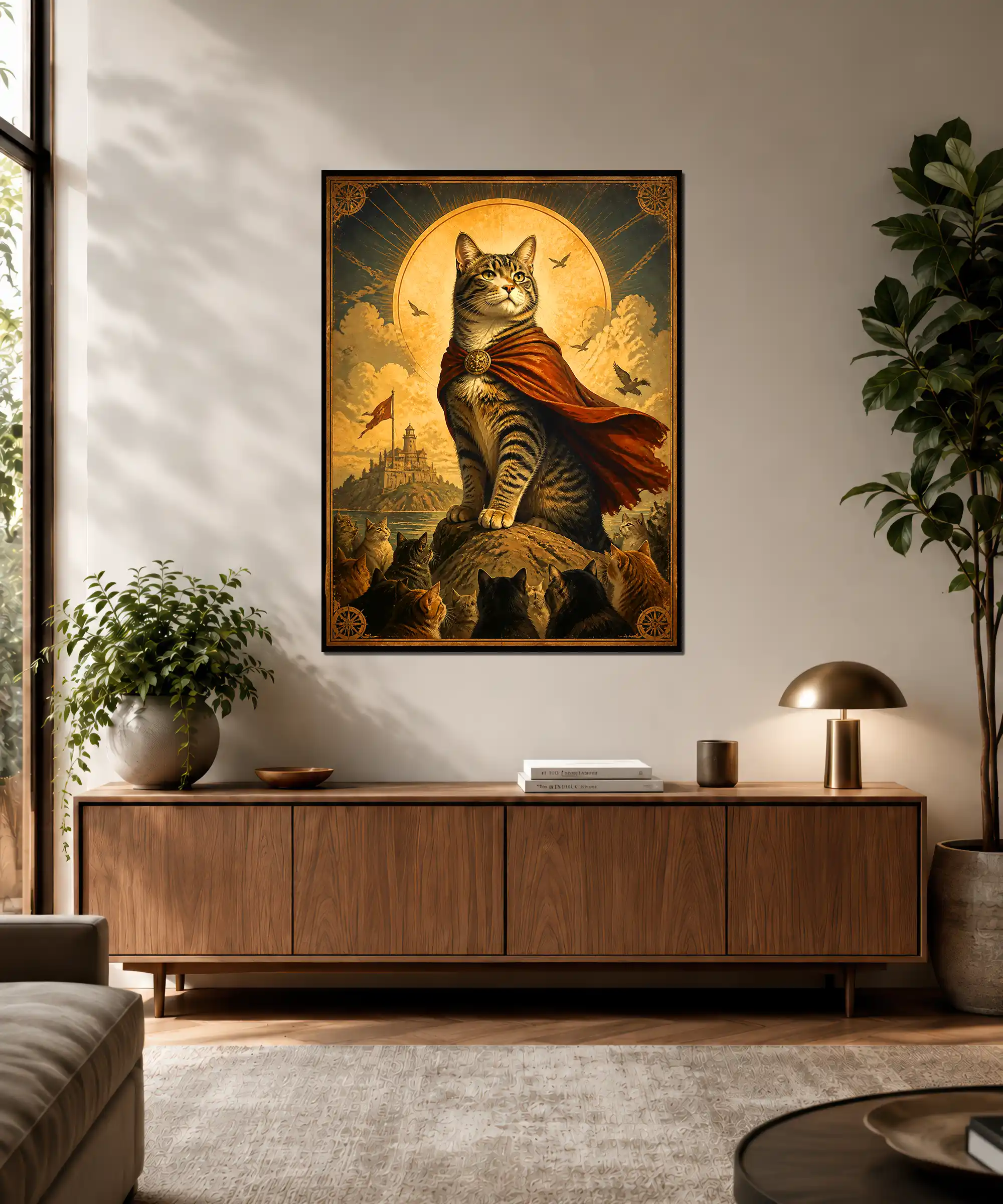 Cat King Fantasy Poster 3 painting Cat king fantasy wall poster displayed in an interior with castle scene